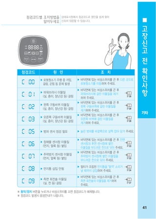 점검코드별 조치방법을 상태표시창에서 점검코드로 원인을 쉽게 찾아
          알아두세요 신속히 대응할 수 있습니다,
                                                               고
                                                               장
                                                               신
                                                               고
                                                               전
                                                               확
 점검코드            원 인                      조 치                  인
          ▶ 로봇청소기 주행 중 끼임,
           걸림, 갇힘 등 문제 발생
                               ▶ 바닥면에 있는 비상스위치를 끈 후 다른 곳으로
                                 로봇청소기를 이동하여 주세요.
                                                               사
                               ▶ 바닥면에 있는 비상스위치를 끈 후
                                                               항
          ▶ 파워브러시 이물질            파워브러시에 걸린 이물질을 제거
           (실, 종이, 장난감 등) 걸림                             36
                                 하여 주세요.
                               ▶ 바닥면에 있는 비상스위치를 끈 후
          ▶ 왼쪽 구동바퀴 이물질
                                 왼쪽 구동바퀴에 걸린 이물질을
           (실, 종이, 장난감 등) 걸림                             38
                                 제거하여 주세요.
                                                              기타
                               ▶ 바닥면에 있는 비상스위치를 끈 후
          ▶ 오른쪽 구동바퀴 이물질
                                 오른쪽 바퀴에 걸린 이물질을
           (실, 종이, 장난감 등) 걸림                             38
                                 제거하여 주세요.

          ▶ 범퍼 센서 점검 필요        ▶ 눌린 범퍼를 바깥쪽으로 살짝 잡아 당겨 주세요.

                               ▶ 바닥면에 있는 비상스위치를 끈 후 전면
          ▶ 장애물 센서창 이물질
                                 센서창과 후면 센서창에 쌓인
           (먼지, 얼룩 등) 쌓임                                 33
                                 이물질을 부드러운 천으로 닦아 주세요.
                               ▶ 바닥면에 있는 비상스위치를 끈 후
          ▶ 추락방지 센서창 이물질
                                 추락방지 센서창에 쌓인 이물질을
           (먼지, 얼룩 등) 쌓임                                 33
                                 부드러운 천으로 닦아 주세요.

                               ▶ 필터가 조립된 먼지통을 "딸깍" 소리가
          ▶ 먼지통 삽입 안됨                                    34
                                 날 때까지 삽입하여 주세요.
                               ▶ 바닥면에 있는 비상스위치를 끈 후
          ▶ 측면 회전솔 이물질
                                 측면 회전솔의 이물질을 제거하여
            (실, 천 등) 걸림                                  37
                                 주세요.

※ 동작/정지 버튼을 누르거나 비상스위치를 끄면 점검코드가 해제됩니다.
※ 점검코드 발생시 음성안내가 나옵니다.


                                                              41
 