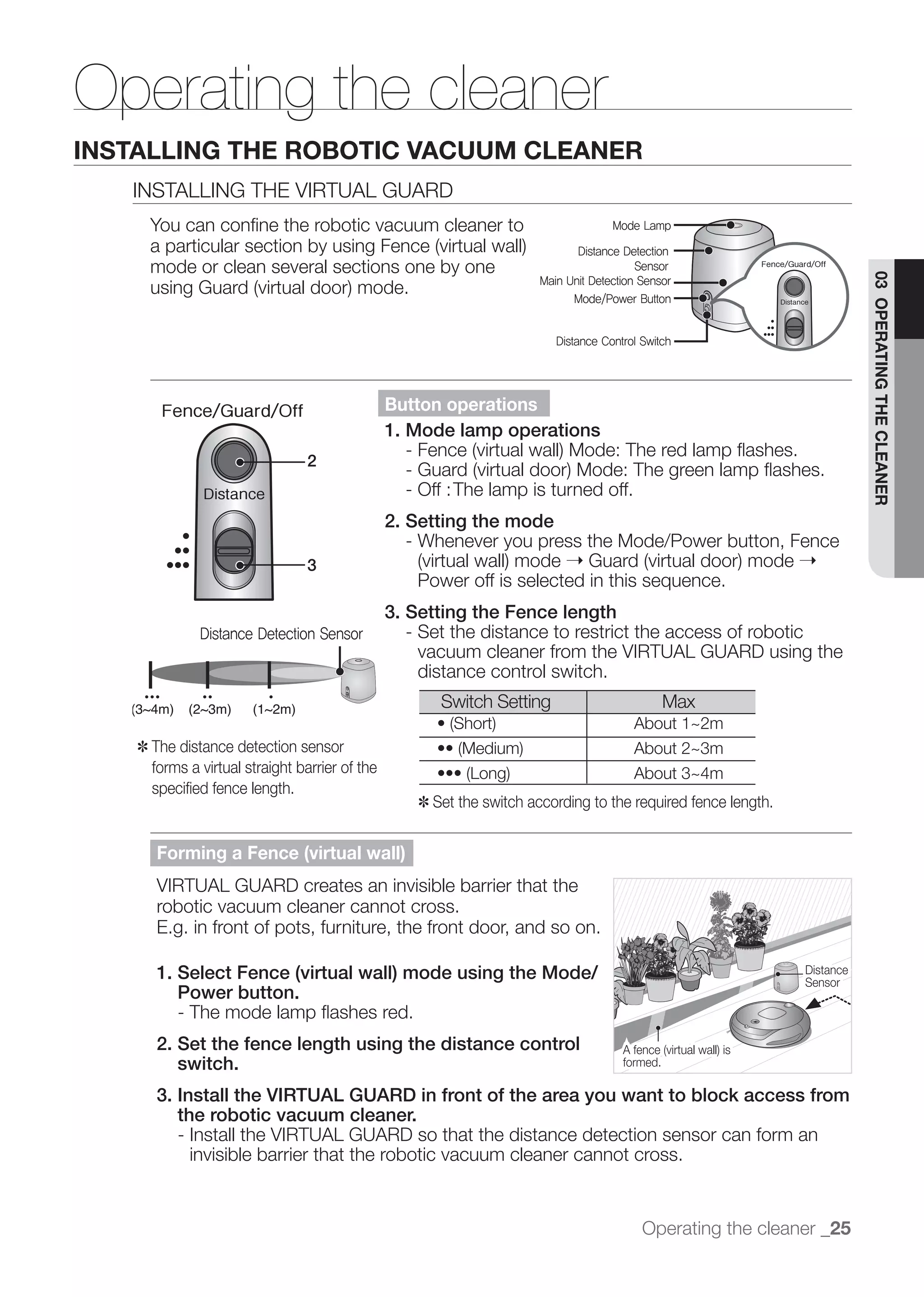 Operating the cleaner
INSTALLING THE ROBOTIC VACUUM CLEANER
   INSTALLING THE VIRTUAL GUARD
      You can conﬁne the robotic vacuum cleaner to                                   Mode Lamp

                                                                              Distance Detection
      mode or clean several sections one by one                                           Sensor




                                                                                                                          03 OPERATING THE CLEANER
                                                                       Main Unit Detection Sensor
                                                                             Mode/Power Button


                                                                          Distance Control Switch




                                                Button operations
                                                1. Mode lamp operations
                                 2
                                                  - Off : The lamp is turned off.
                                                2. Setting the mode
                                                   - Whenever you press the Mode/Power button, Fence
                                 3                                      ➝                       ➝
                                                     Power off is selected in this sequence.
                                                3. Setting the Fence length
              Distance Detection Sensor            - Set the distance to restrict the access of robotic
                                                     vacuum cleaner from the VIRTUAL GUARD using the
                                                     distance control switch.
                                                       Switch Setting                            Max

    ✽ The distance detection sensor
      forms a virtual straight barrier of the
      speciﬁed fence length.
                                                    ✽ Set the switch according to the required fence length.


       Forming a Fence (virtual wall)
       VIRTUAL GUARD creates an invisible barrier that the
       robotic vacuum cleaner cannot cross.
       E.g. in front of pots, furniture, the front door, and so on.

       1. Select Fence (virtual wall) mode using the Mode/                                                     Distance
                                                                                                               Sensor
          Power button.
          - The mode lamp ﬂashes red.
       2. Set the fence length using the distance control
          switch.                                                                      formed.

       3. Install the VIRTUAL GUARD in front of the area you want to block access from
          the robotic vacuum cleaner.
          - Install the VIRTUAL GUARD so that the distance detection sensor can form an
            invisible barrier that the robotic vacuum cleaner cannot cross.


                                                                                           Operating the cleaner _25
 