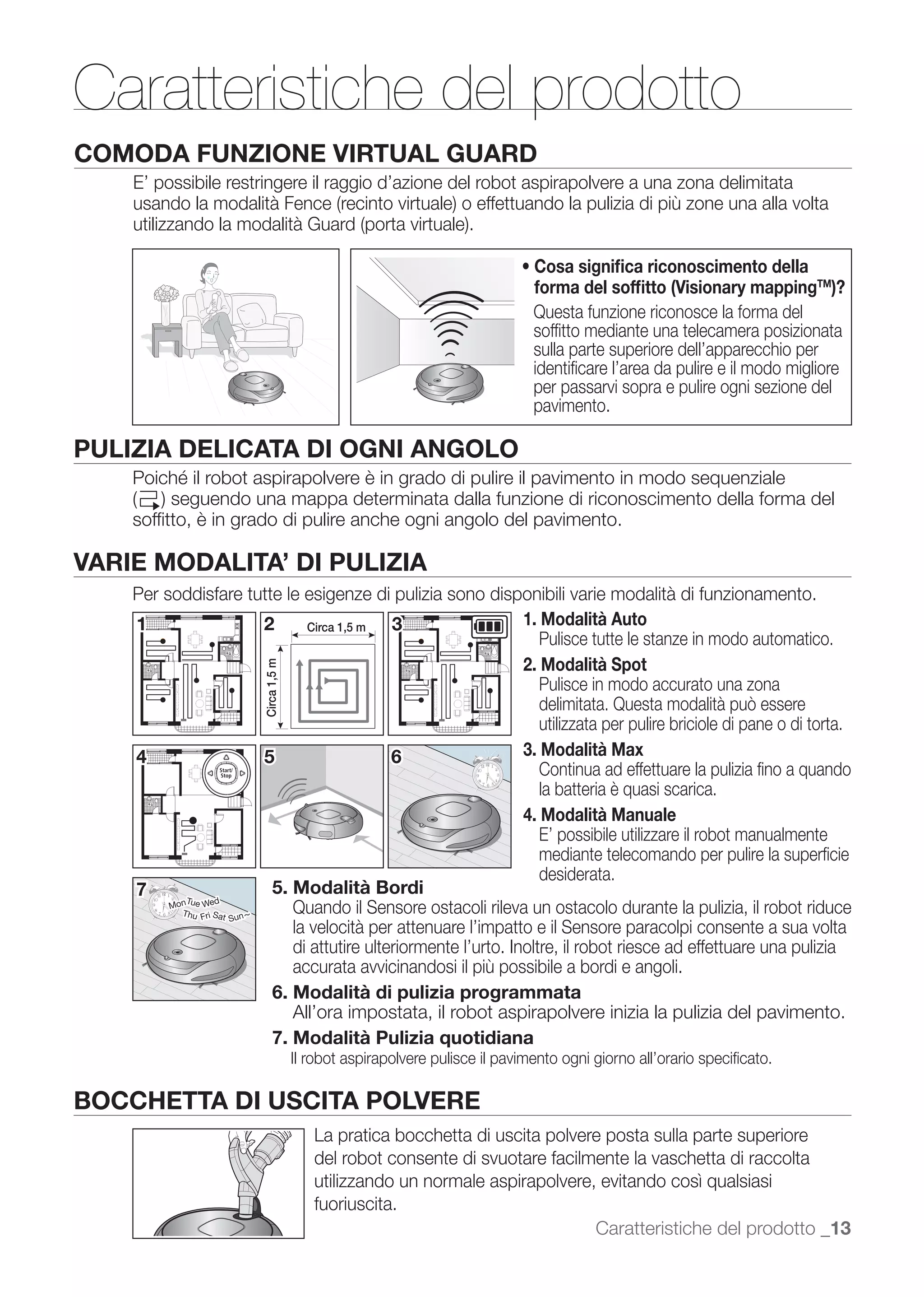 Caratteristiche del prodotto
COMODA FUNZIONE VIRTUAL GUARD
    E’ possibile restringere il raggio d’azione del robot aspirapolvere a una zona delimitata




                                                                                            forma del sofﬁtto (Visionary mappingTM)?
                                                                                            Questa funzione riconosce la forma del
                                                                                            sofﬁtto mediante una telecamera posizionata
                                                                                            sulla parte superiore dell’apparecchio per
                                                                                            identiﬁcare l’area da pulire e il modo migliore
                                                                                            per passarvi sopra e pulire ogni sezione del
                                                                                            pavimento.

PULIZIA DELICATA DI OGNI ANGOLO

    sofﬁtto, è in grado di pulire anche ogni angolo del pavimento.

VARIE MODALITA’ DI PULIZIA
    Per soddisfare tutte le esigenze di pulizia sono disponibili varie modalità di funzionamento.
    1                2 Approximately 1.5m 3
                            Circa 1,5 m                  1. Modalità Auto
                                                            Pulisce tutte le stanze in modo automatico.
                                                         2. Modalità Spot
                               Approximately 1.5 m
                               Circa 1,5 m




                                                            Pulisce in modo accurato una zona

                                                                                             utilizzata per pulire briciole di pane o di torta.
    4                          5                                     6                    3. Modalità Max
                                                                                             Continua ad effettuare la pulizia ﬁno a quando
                                                                                             la batteria è quasi scarica.
                                                                                          4. Modalità Manuale
                                                                                             E’ possibile utilizzare il robot manualmente
                                                                                             mediante telecomando per pulire la superﬁcie
                                                                                             desiderata.
    7                                    5. Modalità Bordi
            Tu
         Mon e We
                   d
           Thu Fri Sat
                       Sun ~
                                            Quando il Sensore ostacoli rileva un ostacolo durante la pulizia, il robot riduce
                                            la velocità per attenuare l’impatto e il Sensore paracolpi consente a sua volta
                                            di attutire ulteriormente l’urto. Inoltre, il robot riesce ad effettuare una pulizia
                                            accurata avvicinandosi il più possibile a bordi e angoli.
                                         6. Modalità di pulizia programmata
                                            All’ora impostata, il robot aspirapolvere inizia la pulizia del pavimento.
                                         7. Modalità Pulizia quotidiana
                                                     Il robot aspirapolvere pulisce il pavimento ogni giorno all’orario speciﬁcato.

BOCCHETTA DI USCITA POLVERE
                                                        La pratica bocchetta di uscita polvere posta sulla parte superiore
                                                        del robot consente di svuotare facilmente la vaschetta di raccolta
                                                        utilizzando un normale aspirapolvere, evitando così qualsiasi
                                                        fuoriuscita.
                                                                                             Caratteristiche del prodotto _13
 