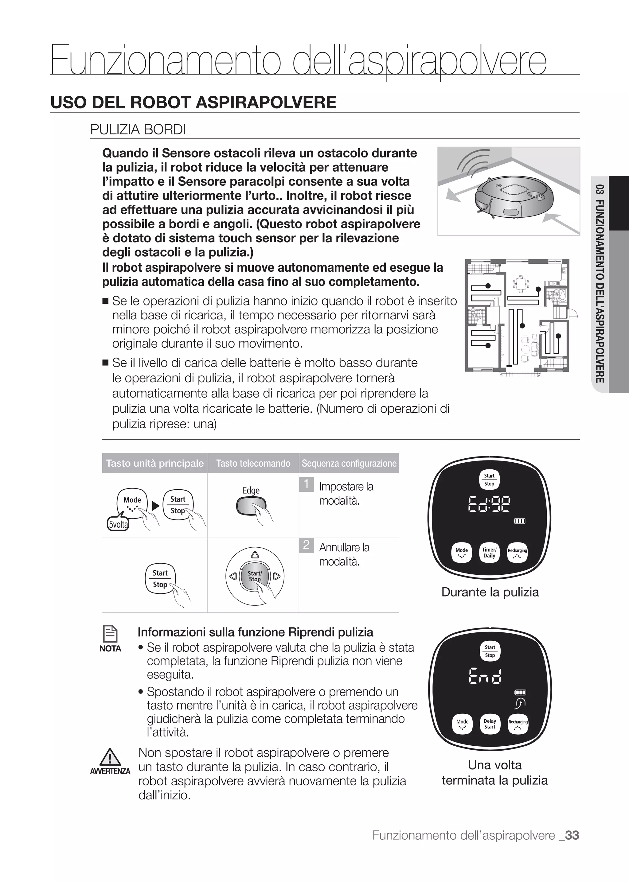 Funzionamento dell’aspirapolvere
USO DEL ROBOT ASPIRAPOLVERE
   PULIZIA BORDI
     Quando il Sensore ostacoli rileva un ostacolo durante
     la pulizia, il robot riduce la velocità per attenuare
     l’impatto e il Sensore paracolpi consente a sua volta




                                                                                                             03 FUNZIONAMENTO DELL’ASPIRAPOLVERE
     di attutire ulteriormente l’urto.. Inoltre, il robot riesce
     ad effettuare una pulizia accurata avvicinandosi il più
     possibile a bordi e angoli. (Questo robot aspirapolvere
     è dotato di sistema touch sensor per la rilevazione
     degli ostacoli e la pulizia.)
     Il robot aspirapolvere si muove autonomamente ed esegue la
     pulizia automatica della casa ﬁno al suo completamento.
     ■   Se le operazioni di pulizia hanno inizio quando il robot è inserito
         nella base di ricarica, il tempo necessario per ritornarvi sarà

         originale durante il suo movimento.
     ■   Se il livello di carica delle batterie è molto basso durante
         le operazioni di pulizia, il robot aspirapolvere tornerà
         automaticamente alla base di ricarica per poi riprendere la




      Tasto unità principale     Tasto telecomando   Sequenza configurazione

                                                     1 Impostare la
                    ▶                                    modalità.
         5volta

                                                     2 Annullare la
                                                         modalità.

                                                                                  Durante la pulizia


                  Informazioni sulla funzione Riprendi pulizia
     NOTA
                   completata, la funzione Riprendi pulizia non viene
                   eseguita.
                   Spostando il robot aspirapolvere o premendo un
                   tasto mentre l’unità è in carica, il robot aspirapolvere
                   giudicherà la pulizia come completata terminando
                   l’attività.
                  Non spostare il robot aspirapolvere o premere
   AVVERTENZA     un tasto durante la pulizia. In caso contrario, il                  Una volta
                  robot aspirapolvere avvierà nuovamente la pulizia               terminata la pulizia
                  dall’inizio.


                                                                      Funzionamento dell’aspirapolvere _33
 