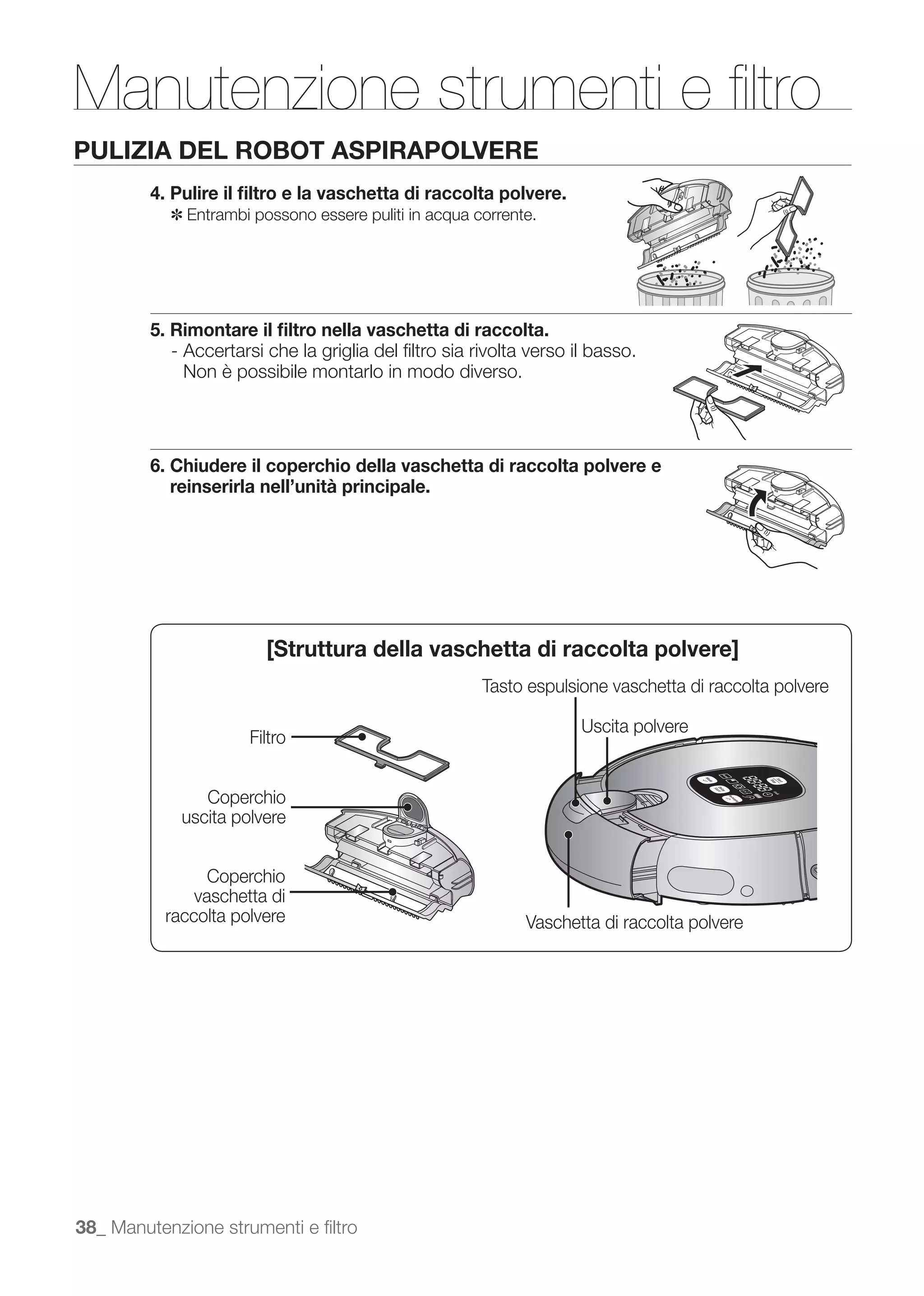 Manutenzione strumenti e ﬁltro
PULIZIA DEL ROBOT ASPIRAPOLVERE
         4. Pulire il ﬁltro e la vaschetta di raccolta polvere.
           ✽ Entrambi possono essere puliti in acqua corrente.




         5. Rimontare il ﬁltro nella vaschetta di raccolta.
            - Accertarsi che la griglia del ﬁltro sia rivolta verso il basso.
              Non è possibile montarlo in modo diverso.




         6. Chiudere il coperchio della vaschetta di raccolta polvere e
            reinserirla nell’unità principale.




                         [Struttura della vaschetta di raccolta polvere]
                                                       Tasto espulsione vaschetta di raccolta polvere

                                                                     Uscita polvere
                      Filtro


                Coperchio
             uscita polvere


                 Coperchio
               vaschetta di
           raccolta polvere                                  Vaschetta di raccolta polvere




38_ Manutenzione strumenti e ﬁltro
 