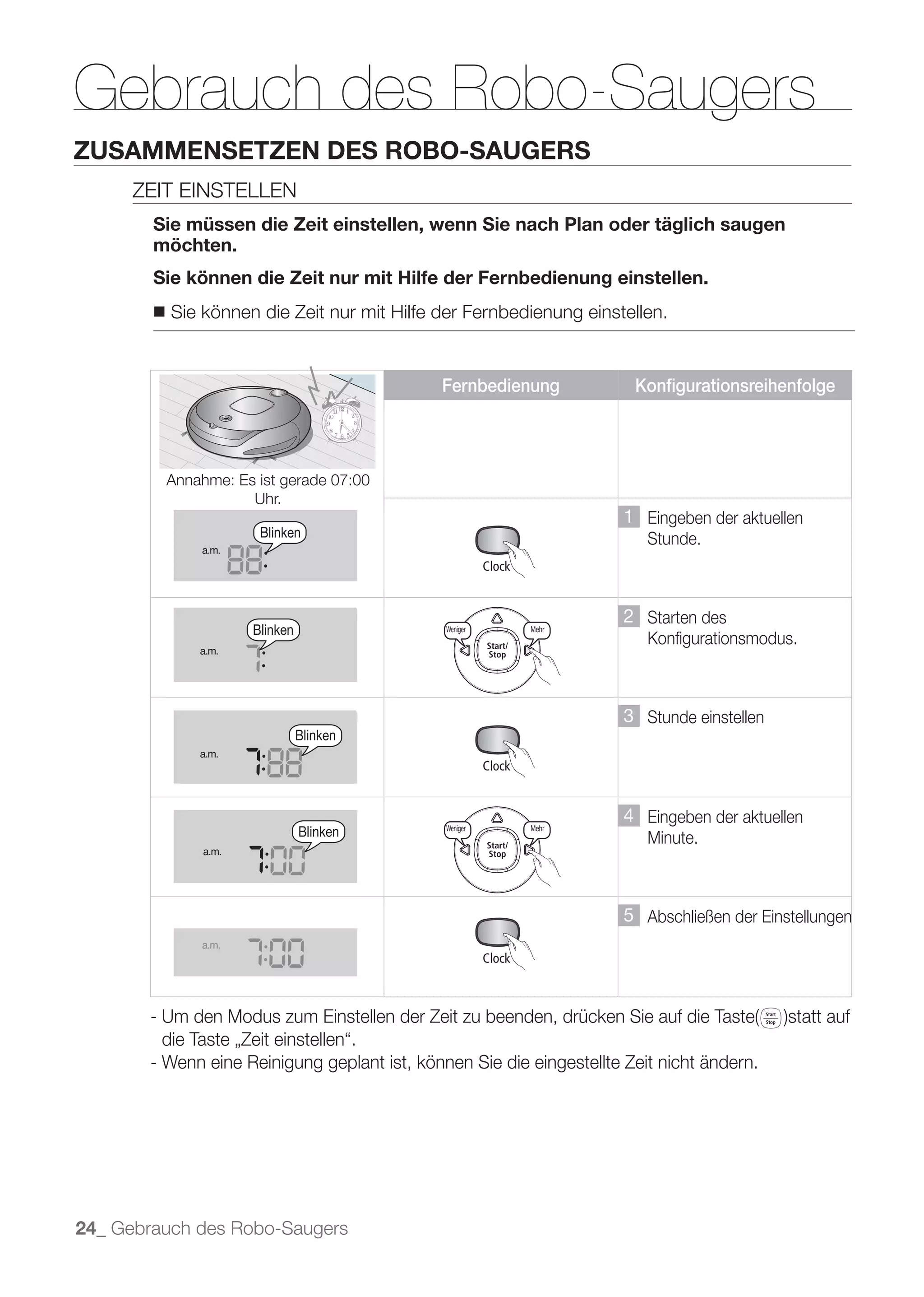 a.m.




Gebrauch des Robo-Saugers
                a.m.


ZUSAMMENSETZEN DES ROBO-SAUGERS
      ZEIT EINSTELLEN
             a.m.

        Sie müssen die Zeit einstellen, wenn Sie nach Plan oder täglich saugen
        möchten.
        Sie können die Zeit nur mit Hilfe der Fernbedienung einstellen.
                 a.m.
        ■   Sie können die Zeit nur mit Hilfe der Fernbedienung einstellen.


                a.m.
                                              Fernbedienung                           Konfigurationsreihenfolge
                a.m.
                                                        Decrease          Increase                         Decrease    Increase




                a.m.
            Annahme: Es ist gerade 07:00
                       Uhr.
                                                                                     1 Eingeben der aktuellen
                         Blinken                                                        Stunde.
                a.m.

                 a.m.

                                                        Decrease          Increase                         Decrease    Increase
                                                                                     2 Starten des
                        Blinken               Weniger              Mehr
                                                                                        Konfigurationsmodus.
                a.m.

                a.m.



                                                                                     3 Stunde einstellen
                                  Blinken
                a.m.



                                                        Decrease          Increase                         Decrease    Increase

                a.m.
                                                                                     4 Eingeben der aktuellen
                                  Blinken     Weniger              Mehr
                                                                                        Minute.
                 a.m.




                a.m.
                                                                                     5 Abschließen der Einstellungen
                a.m.




                a.m.


       - Wenn eine Reinigung geplant ist, können Sie die eingestellte Zeit nicht ändern.
                a.m.
                 a.m.




                a.m.

24_ Gebrauch des Robo-Saugers


                a.m.
 