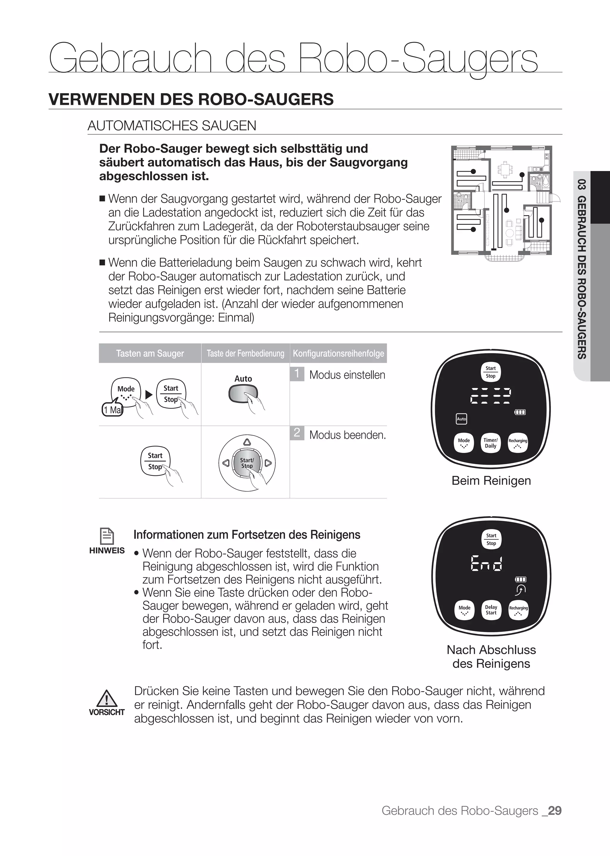 Gebrauch des Robo-Saugers
VERWENDEN DES ROBO-SAUGERS
   AUTOMATISCHES SAUGEN
     Der Robo-Sauger bewegt sich selbsttätig und
     säubert automatisch das Haus, bis der Saugvorgang
     abgeschlossen ist.




                                                                                                             03 GEBRAUCH DES ROBO-SAUGERS
     ■   Wenn der Saugvorgang gestartet wird, während der Robo-Sauger
         an die Ladestation angedockt ist, reduziert sich die Zeit für das
         Zurückfahren zum Ladegerät, da der Roboterstaubsauger seine
         ursprüngliche Position für die Rückfahrt speichert.
     ■   Wenn die Batterieladung beim Saugen zu schwach wird, kehrt
         der Robo-Sauger automatisch zur Ladestation zurück, und
         setzt das Reinigen erst wieder fort, nachdem seine Batterie




          Tasten am Sauger   Taste der Fernbedienung Konfigurationsreihenfolge

                                                    1 Modus einstellen
                ▶
      1 Mal

                                                    2 Modus beenden.


                                                                                        Beim Reinigen



              Informationen zum Fortsetzen des Reinigens
   HINWEIS

                Reinigung abgeschlossen ist, wird die Funktion
                zum Fortsetzen des Reinigens nicht ausgeführt.

                Sauger bewegen, während er geladen wird, geht
                der Robo-Sauger davon aus, dass das Reinigen
                abgeschlossen ist, und setzt das Reinigen nicht
                fort.                                                                  Nach Abschluss
                                                                                        des Reinigens

              Drücken Sie keine Tasten und bewegen Sie den Robo-Sauger nicht, während
              er reinigt. Andernfalls geht der Robo-Sauger davon aus, dass das Reinigen
   VORSICHT
              abgeschlossen ist, und beginnt das Reinigen wieder von vorn.




                                                                             Gebrauch des Robo-Saugers _29
 