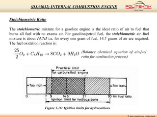 Stoichiometric Ratio
The stoichiometric mixture for a gasoline engine is the ideal ratio of air to fuel that
burns all fuel with no excess air. For gasoline/petrol fuel, the stoichiometric air–fuel
mixture is about 14.7:1 i.e. for every one gram of fuel, 14.7 grams of air are required.
The fuel oxidation reaction is:
(Balance chemical equation of air-fuel
ratio for combustion process)
Figure 3.16: Ignition limits for hydrocarbons
© MSF @ POLITEKNIK UNGKU OMAR
(DJA3032) INTERNAL COMBUSTION ENGINE
 