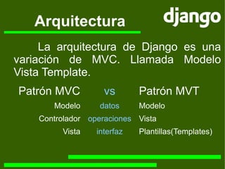 Arquitectura La arquitectura de Django es una variación de MVC. Llamada Modelo Vista Template. Patrón MVC  Modelo Controlador Vista vs datos operaciones interfaz Patrón MVT  Modelo Vista Plantillas(Templates) 