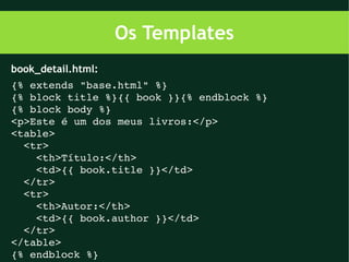 Os Templates
book_detail.html:
{% extends "base.html" %}
{% block title %}{{ book }}{% endblock %}
{% block body %}
<p>Este é um dos meus livros:</p>
<table>
  <tr>
    <th>Título:</th>
    <td>{{ book.title }}</td>
  </tr>
  <tr>
    <th>Autor:</th>
    <td>{{ book.author }}</td>
  </tr>
</table>
{% endblock %}
 