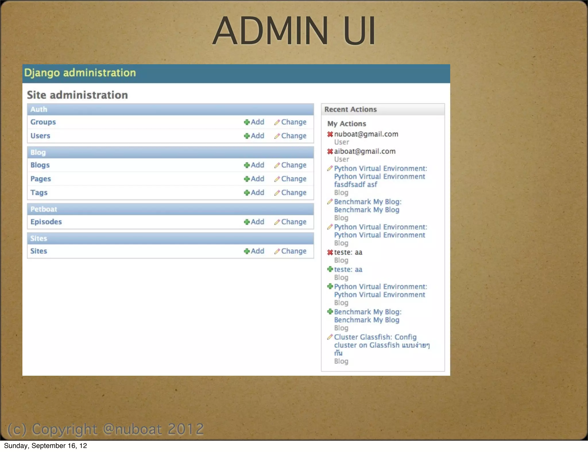 ADMIN UI




(c) Copyright @nuboat 2012
Sunday, September 16, 12
 