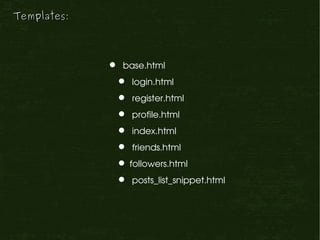 Templates:



               base.html
                login.html
                register.html
                profile.html
                index.html
                friends.html
               followers.html
                posts_list_snippet.html
 