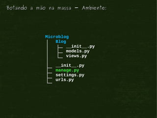 Botando a mão na massa - Ambiente:




             Microblog
                 Blog
                      __init__.py
                      models.py
                      views.py

                 __init__.py
                 manage.py
                 settings.py
                 urls.py
 