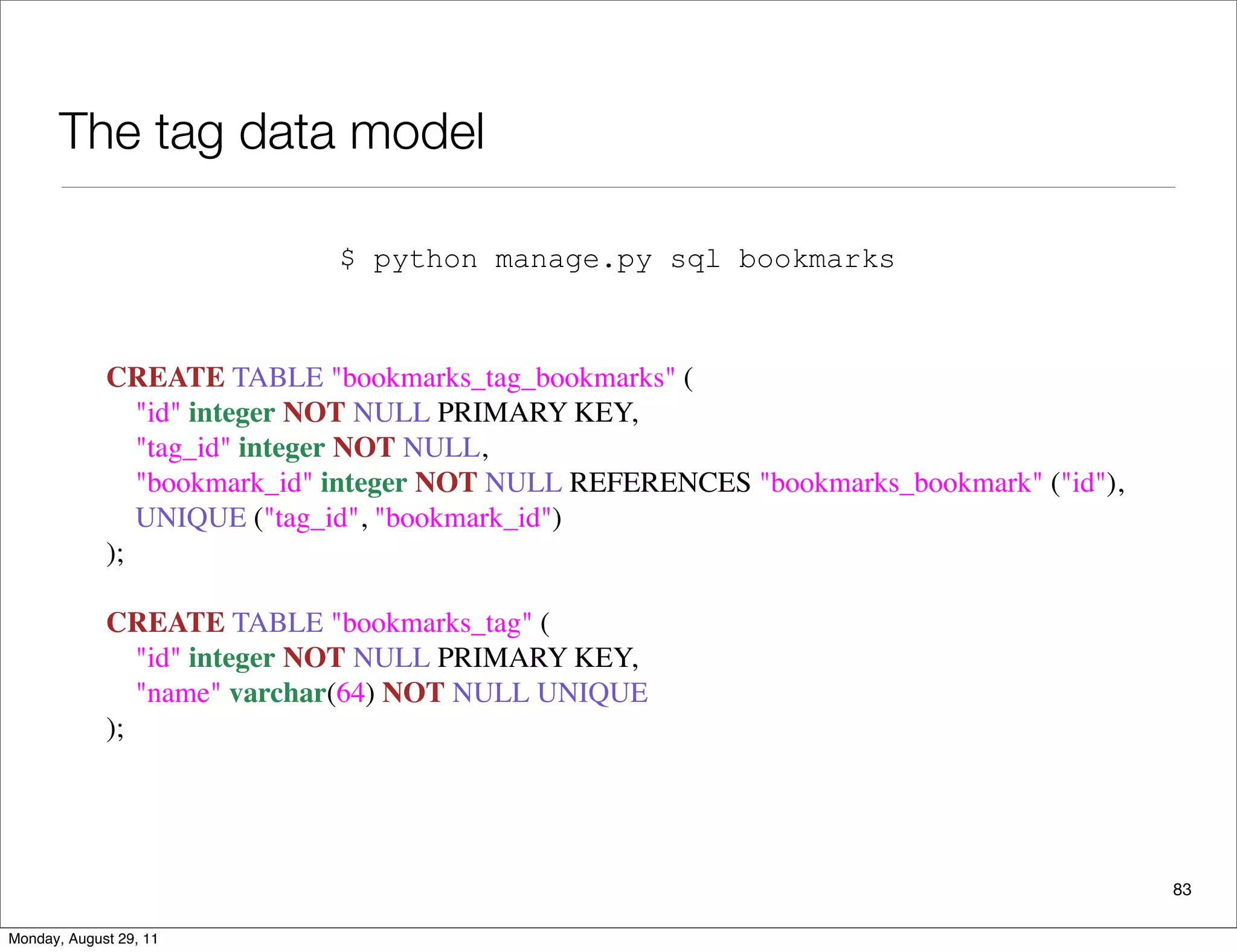 The tag data model
83
CREATE TABLE "bookmarks_tag_bookmarks" (
    "id" integer NOT NULL PRIMARY KEY,
    "tag_id" integer NOT NULL,
    "bookmark_id" integer NOT NULL REFERENCES "bookmarks_bookmark" ("id"),
    UNIQUE ("tag_id", "bookmark_id")
);
CREATE TABLE "bookmarks_tag" (
    "id" integer NOT NULL PRIMARY KEY,
    "name" varchar(64) NOT NULL UNIQUE
);
$ python manage.py sql bookmarks
Monday, August 29, 11
 