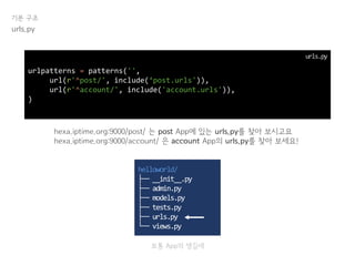 기본 구조
urls.py
urlpatterns = patterns('',
url(r'^post/', include(‘post.urls')),
url(r'^account/', include('account.urls')),
)
urls.py
hexa.iptime.org:9000/post/ 는 post App에 있는 urls.py를 찾아 보시고요
hexa.iptime.org:9000/account/ 은 account App의 urls.py를 찾아 보세요!
helloworld/
├── __init__.py
├── admin.py
├── models.py
├── tests.py
├── urls.py
└── views.py
보통 App의 생김새
 