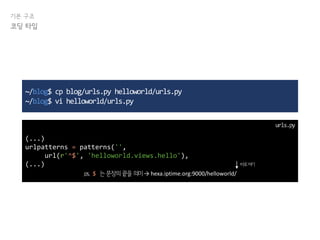 기본 구조
코딩 타임
~/blog$ cp blog/urls.py helloworld/urls.py
~/blog$ vi helloworld/urls.py
(...)
urlpatterns = patterns('',
url(r'^$', 'helloworld.views.hello'),
(...)
urls.py
ps. $ 는문장의끝을의미→ hexa.iptime.org:9000/helloworld/
바로여기
 