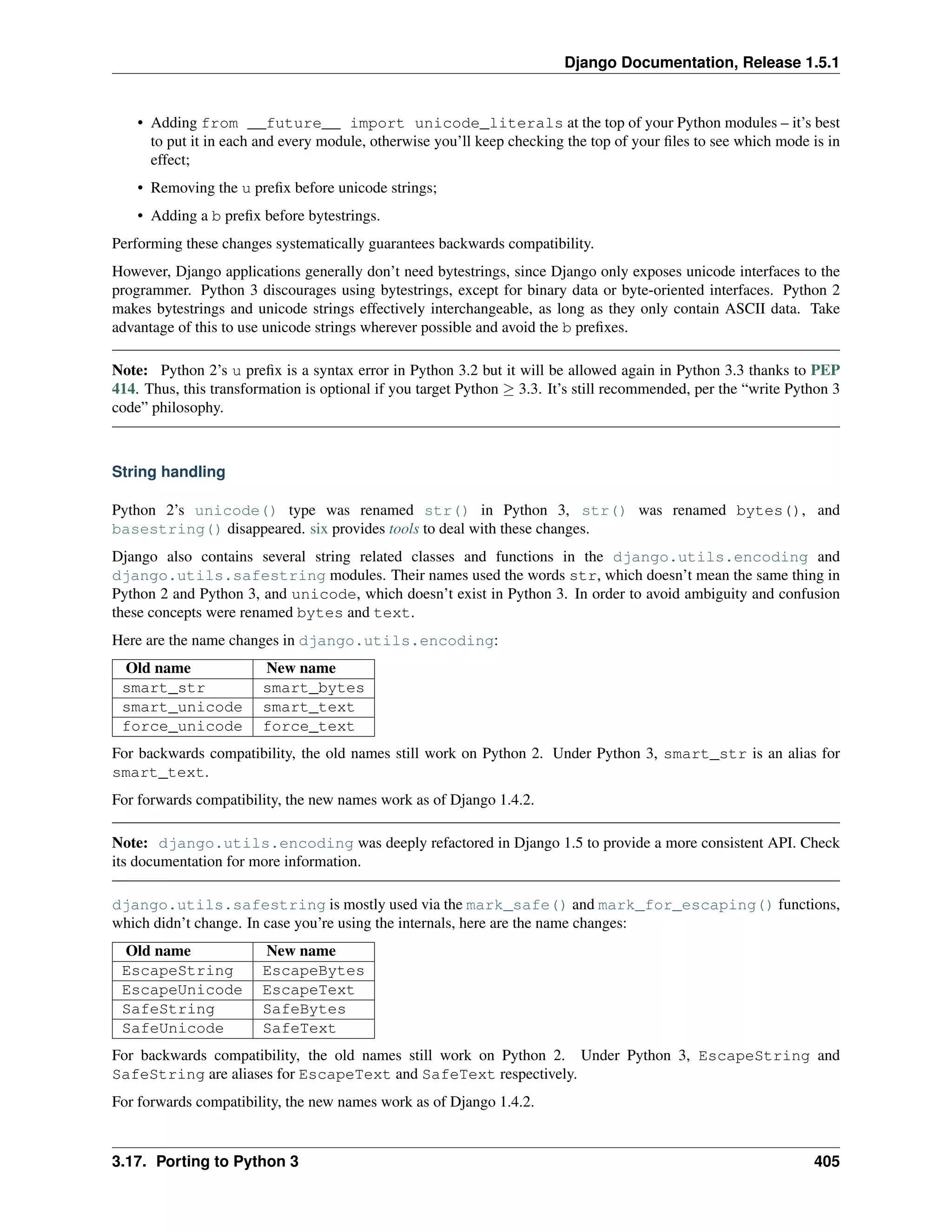 Django Documentation, Release 1.5.1 
• Adding from __future__ import unicode_literals at the top of your Python modules – it’s best 
to put it in each and every module, otherwise you’ll keep checking the top of your files to see which mode is in 
effect; 
• Removing the u prefix before unicode strings; 
• Adding a b prefix before bytestrings. 
Performing these changes systematically guarantees backwards compatibility. 
However, Django applications generally don’t need bytestrings, since Django only exposes unicode interfaces to the 
programmer. Python 3 discourages using bytestrings, except for binary data or byte-oriented interfaces. Python 2 
makes bytestrings and unicode strings effectively interchangeable, as long as they only contain ASCII data. Take 
advantage of this to use unicode strings wherever possible and avoid the b prefixes. 
Note: Python 2’s u prefix is a syntax error in Python 3.2 but it will be allowed again in Python 3.3 thanks to PEP 
414. Thus, this transformation is optional if you target Python  3.3. It’s still recommended, per the “write Python 3 
code” philosophy. 
String handling 
Python 2’s unicode() type was renamed str() in Python 3, str() was renamed bytes(), and 
basestring() disappeared. six provides tools to deal with these changes. 
Django also contains several string related classes and functions in the django.utils.encoding and 
django.utils.safestring modules. Their names used the words str, which doesn’t mean the same thing in 
Python 2 and Python 3, and unicode, which doesn’t exist in Python 3. In order to avoid ambiguity and confusion 
these concepts were renamed bytes and text. 
Here are the name changes in django.utils.encoding: 
Old name New name 
smart_str smart_bytes 
smart_unicode smart_text 
force_unicode force_text 
For backwards compatibility, the old names still work on Python 2. Under Python 3, smart_str is an alias for 
smart_text. 
For forwards compatibility, the new names work as of Django 1.4.2. 
Note: django.utils.encoding was deeply refactored in Django 1.5 to provide a more consistent API. Check 
its documentation for more information. 
django.utils.safestring is mostly used via the mark_safe() and mark_for_escaping() functions, 
which didn’t change. In case you’re using the internals, here are the name changes: 
Old name New name 
EscapeString EscapeBytes 
EscapeUnicode EscapeText 
SafeString SafeBytes 
SafeUnicode SafeText 
For backwards compatibility, the old names still work on Python 2. Under Python 3, EscapeString and 
SafeString are aliases for EscapeText and SafeText respectively. 
For forwards compatibility, the new names work as of Django 1.4.2. 
3.17. Porting to Python 3 405 
 