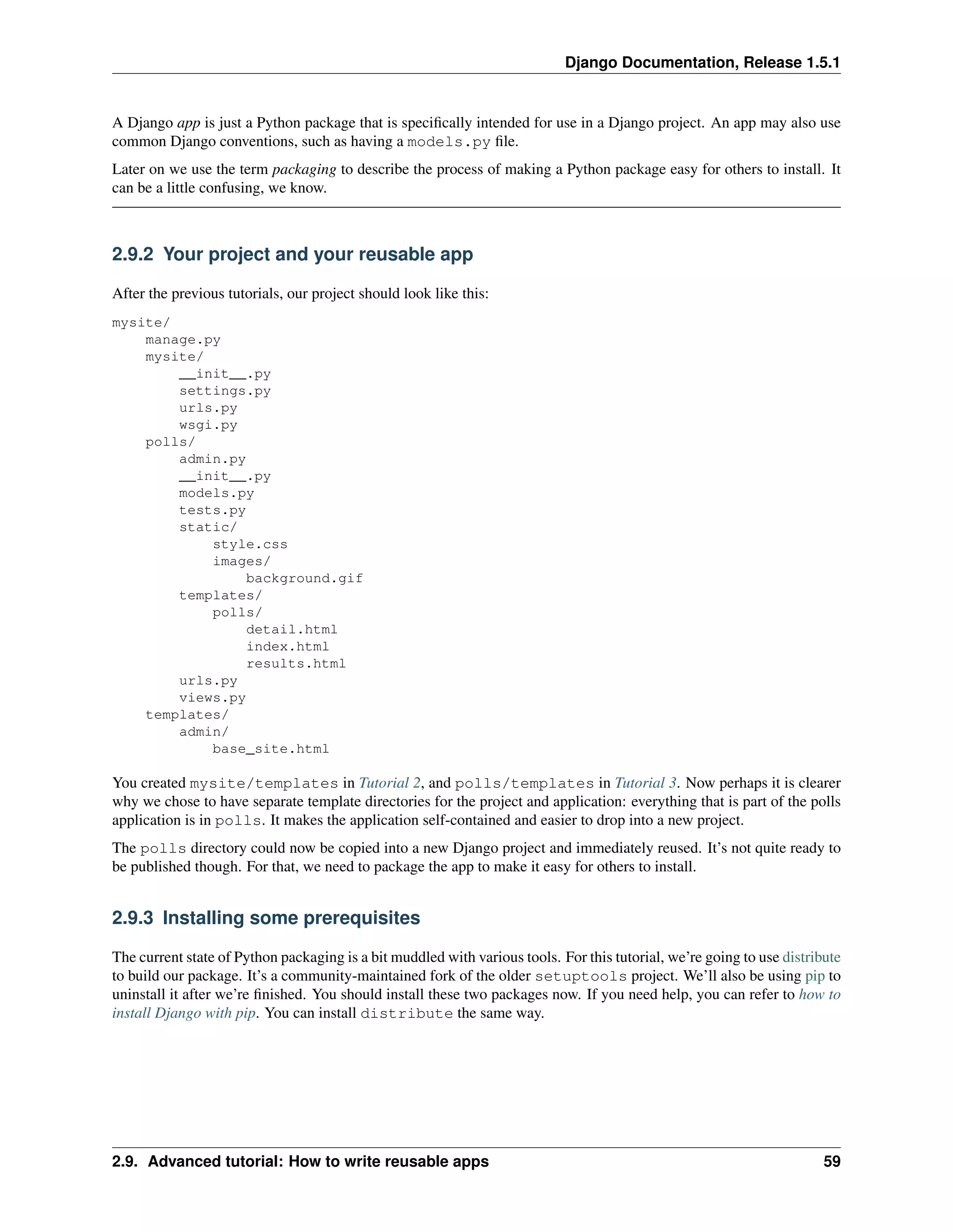 Django Documentation, Release 1.5.1 
A Django app is just a Python package that is specifically intended for use in a Django project. An app may also use 
common Django conventions, such as having a models.py file. 
Later on we use the term packaging to describe the process of making a Python package easy for others to install. It 
can be a little confusing, we know. 
2.9.2 Your project and your reusable app 
After the previous tutorials, our project should look like this: 
mysite/ 
manage.py 
mysite/ 
__init__.py 
settings.py 
urls.py 
wsgi.py 
polls/ 
admin.py 
__init__.py 
models.py 
tests.py 
static/ 
style.css 
images/ 
background.gif 
templates/ 
polls/ 
detail.html 
index.html 
results.html 
urls.py 
views.py 
templates/ 
admin/ 
base_site.html 
You created mysite/templates in Tutorial 2, and polls/templates in Tutorial 3. Now perhaps it is clearer 
why we chose to have separate template directories for the project and application: everything that is part of the polls 
application is in polls. It makes the application self-contained and easier to drop into a new project. 
The polls directory could now be copied into a new Django project and immediately reused. It’s not quite ready to 
be published though. For that, we need to package the app to make it easy for others to install. 
2.9.3 Installing some prerequisites 
The current state of Python packaging is a bit muddled with various tools. For this tutorial, we’re going to use distribute 
to build our package. It’s a community-maintained fork of the older setuptools project. We’ll also be using pip to 
uninstall it after we’re finished. You should install these two packages now. If you need help, you can refer to how to 
install Django with pip. You can install distribute the same way. 
2.9. Advanced tutorial: How to write reusable apps 59 
 
