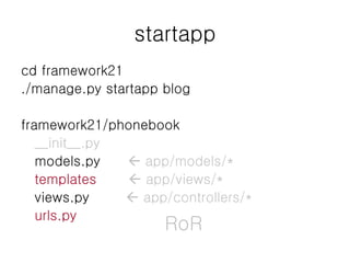 startapp cd framework21 ./manage.py startapp blog framework21/phonebook __init__.py models.py    app/models/* templates    app/views/* views.py    app/controllers/* urls.py RoR 
