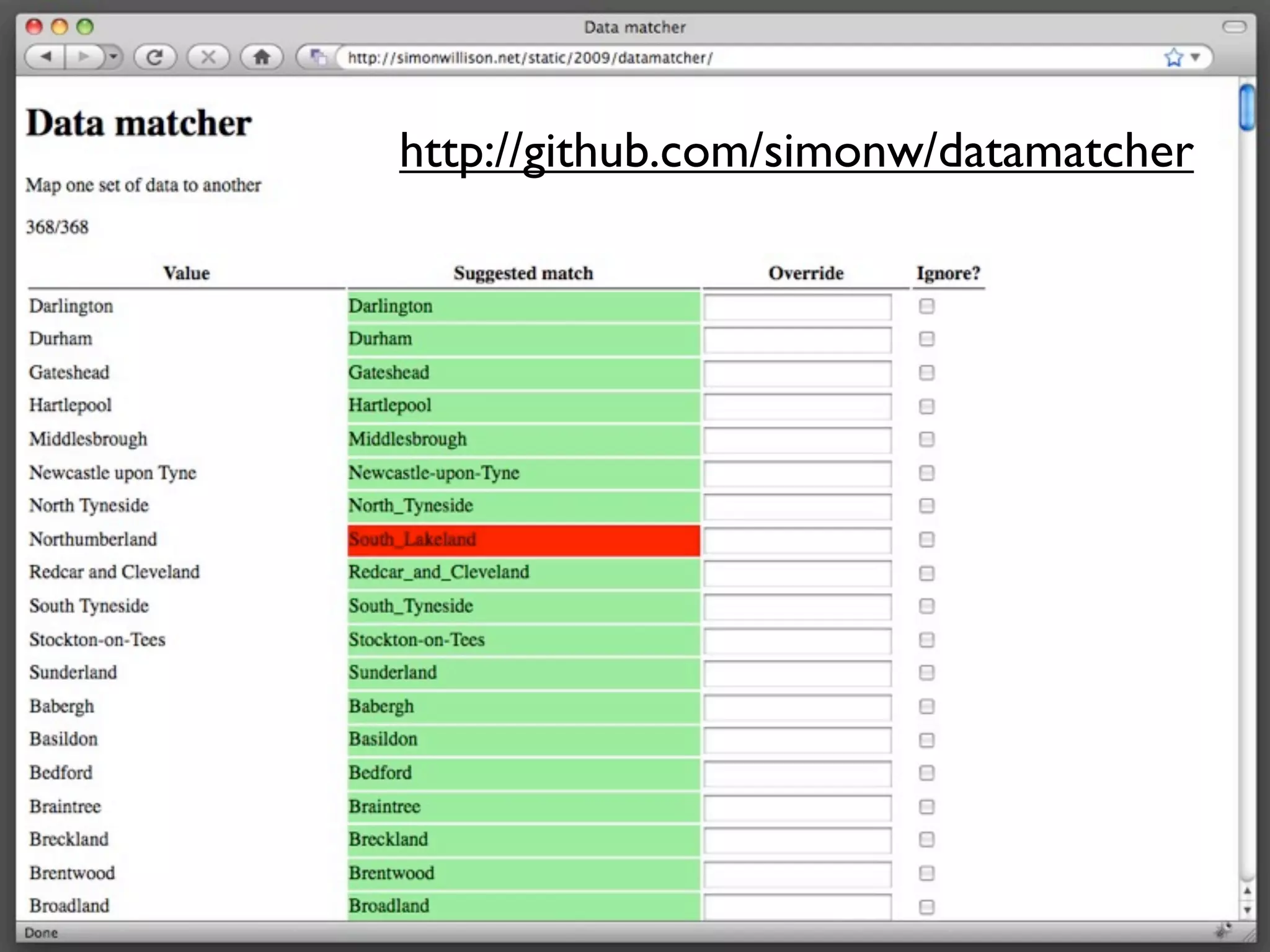 http://github.com/simonw/datamatcher
 