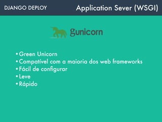 DJANGO DEPLOY Application Sever (WSGI)
•Green Unicorn
•Compatível com a maioria dos web frameworks
•Fácil de conﬁgurar
•Leve
•Rápido
 