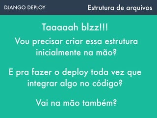 DJANGO DEPLOY Estrutura de arquivos
Taaaaah blzz!!!
Vou precisar criar essa estrutura
inicialmente na mão?
E pra fazer o deploy toda vez que
integrar algo no código?
Vai na mão também?
 