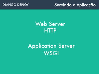DJANGO DEPLOY Servindo a aplicação
Application Server
WSGI
Web Server
HTTP
 