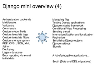 Django mini overview (4)

Authentication backends      Managing files
Middleware                   Testing Django applications
Validators                   Django’s cache framework
Commands                     Conditional View Processing
Custom model fields          Sending e-mail
Custom template tags         Internationalization and localization
Custom template filters      Pagination
Custom storage system        Serializing Django objects
PDF, CVS, JSON, XML          Django settings
Jython                       Signals
Deploying
Legacy database
Error reporting via e-mail   A lot of pluggable applications...
Initial data
                             South (Data and DDL migrations)
 