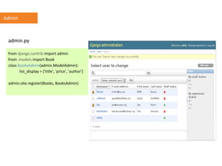 from django.contrib import admin
from .models import Book
class BooksAdmin(admin.ModelAdmin):
list_display = ['title', 'price', 'author']
admin.site.register(Books, BooksAdmin)
admin.py
Admin
 