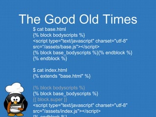 The Good Old Times
$ cat base.html
{% block bodyscripts %}
<script type="text/javascript" charset="utf-8"
src=“/assets/base.js"></script>
{% block base_bodyscripts %}{% endblock %}
{% endblock %}
$ cat index.html
{% extends "base.html" %}
{% block bodyscripts %}
{% block base_bodyscripts %}
{{ block.super }}
<script type="text/javascript" charset="utf-8"
src="/assets/index.js"></script>
 