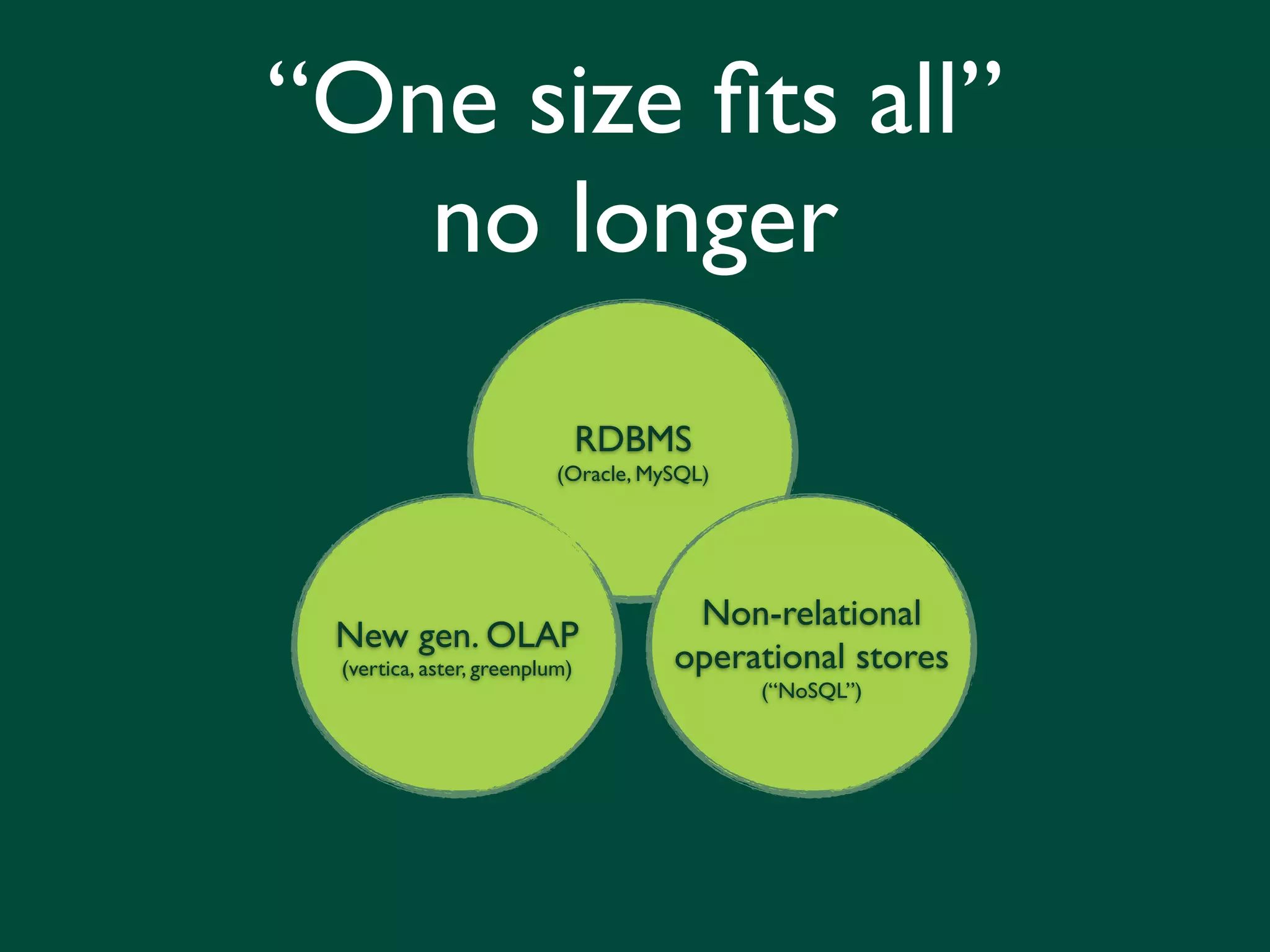 “One size ﬁts all”
   no longer
                               RDBMS
                          (Oracle, MySQL)




                                      Non-relational
 New gen. OLAP
 (vertica, aster, greenplum)         operational stores
                                            (“NoSQL”)
 