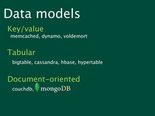 Data models
Key/value
 memcached, dynamo, voldemort


Tabular
 bigtable, cassandra, hbase, hypertable


Document-oriented
 couchdb,
 