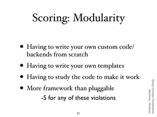 Scoring: Modularity

• Having to write your own custom code/
  backends from scratch
• Having to write your own templates
• Having to study the code to make it work




                                             Django Packages Thunderdome
• More framework than pluggable




                                                     @pydanny / @audreyr
       -5 for any of these violations

                     21
 