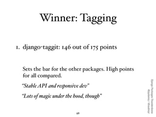 Winner: Tagging

1. django-taggit: 146 out of 175 points


  Sets the bar for the other packages. High points
  for all compared.




                                                     Django Packages Thunderdome
  “Stable API and responsive dev”




                                                             @pydanny / @audreyr
  “Lots of magic under the hood, though”


                            69
 