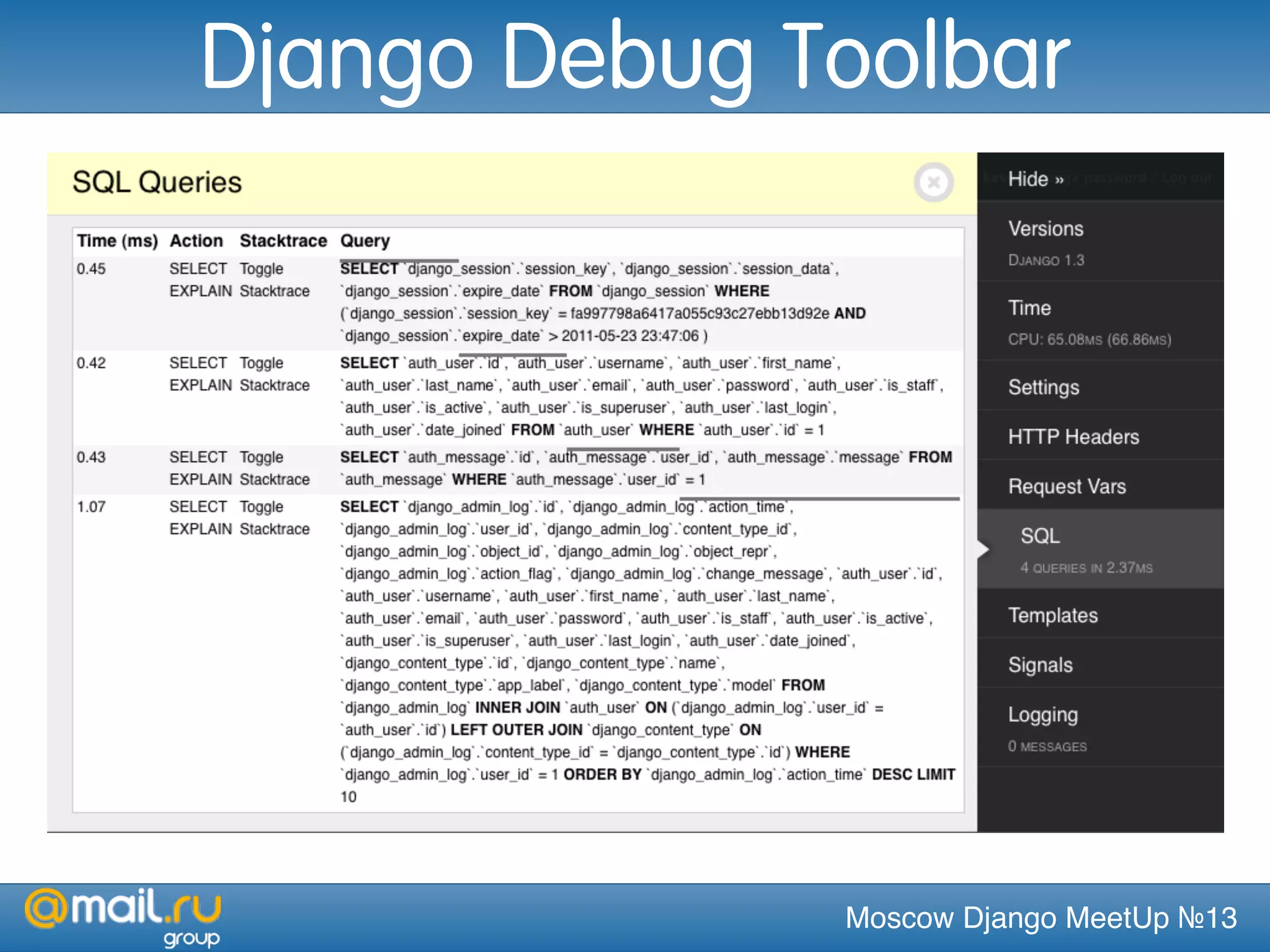 Moscow Django MeetUp №13
Django Debug Toolbar
 