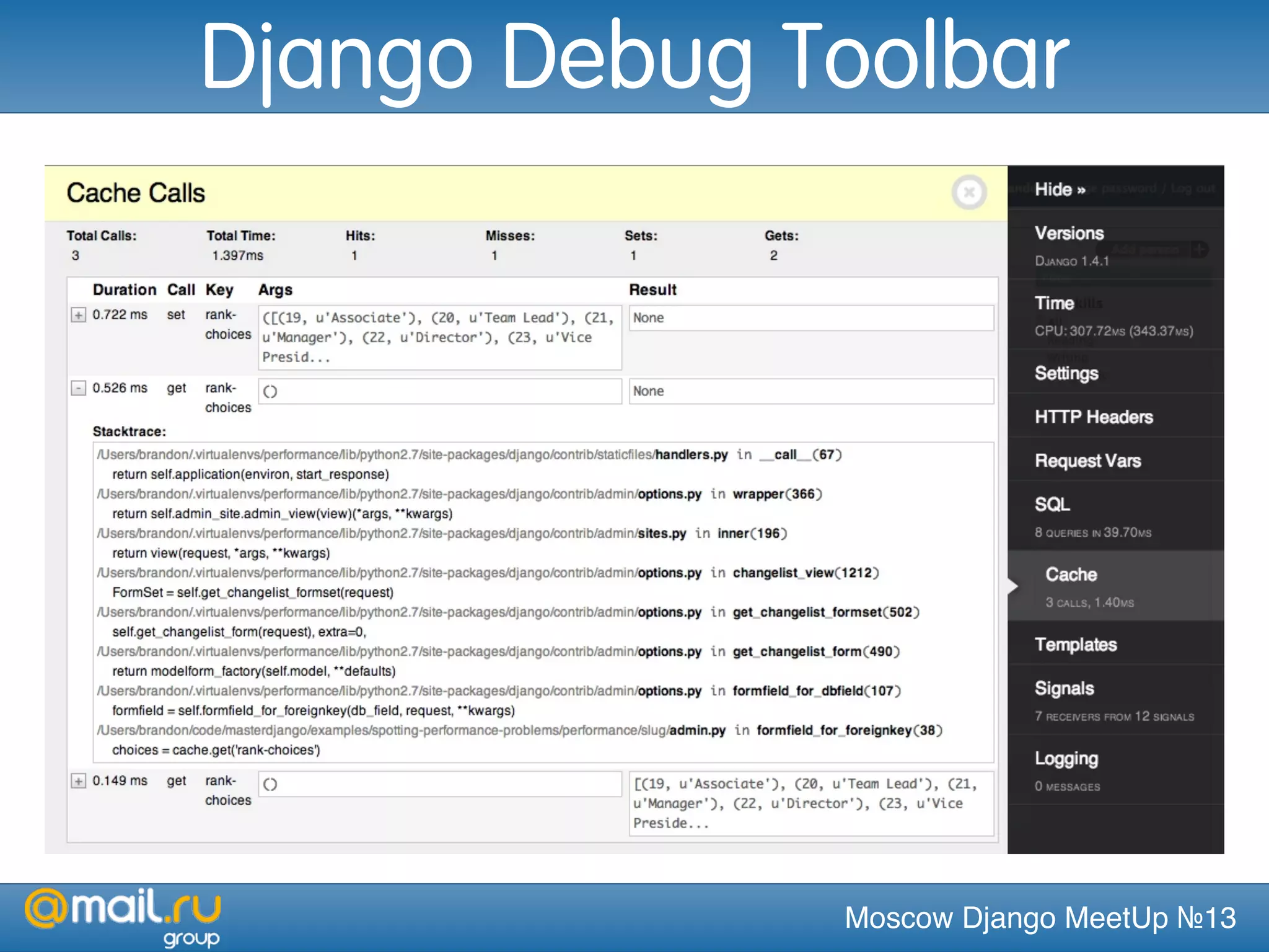 Moscow Django MeetUp №13
Django Debug Toolbar
 