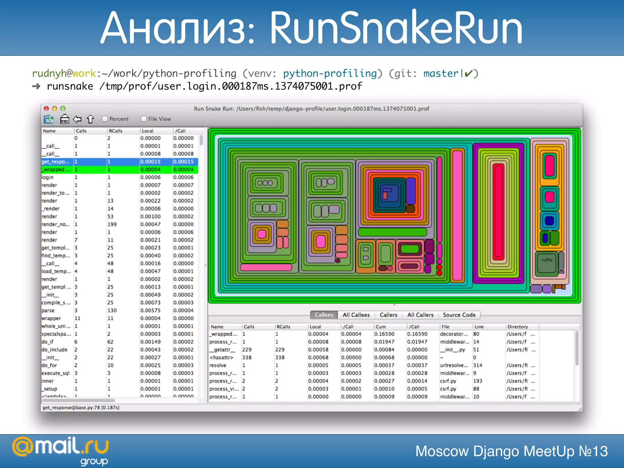 Moscow Django MeetUp №13
rudnyh@work:~/work/python-profiling (venv: python-profiling) (git: master|✔)
➜ runsnake /tmp/prof/user.login.000187ms.1374075001.prof
Анализ: RunSnakeRun
 