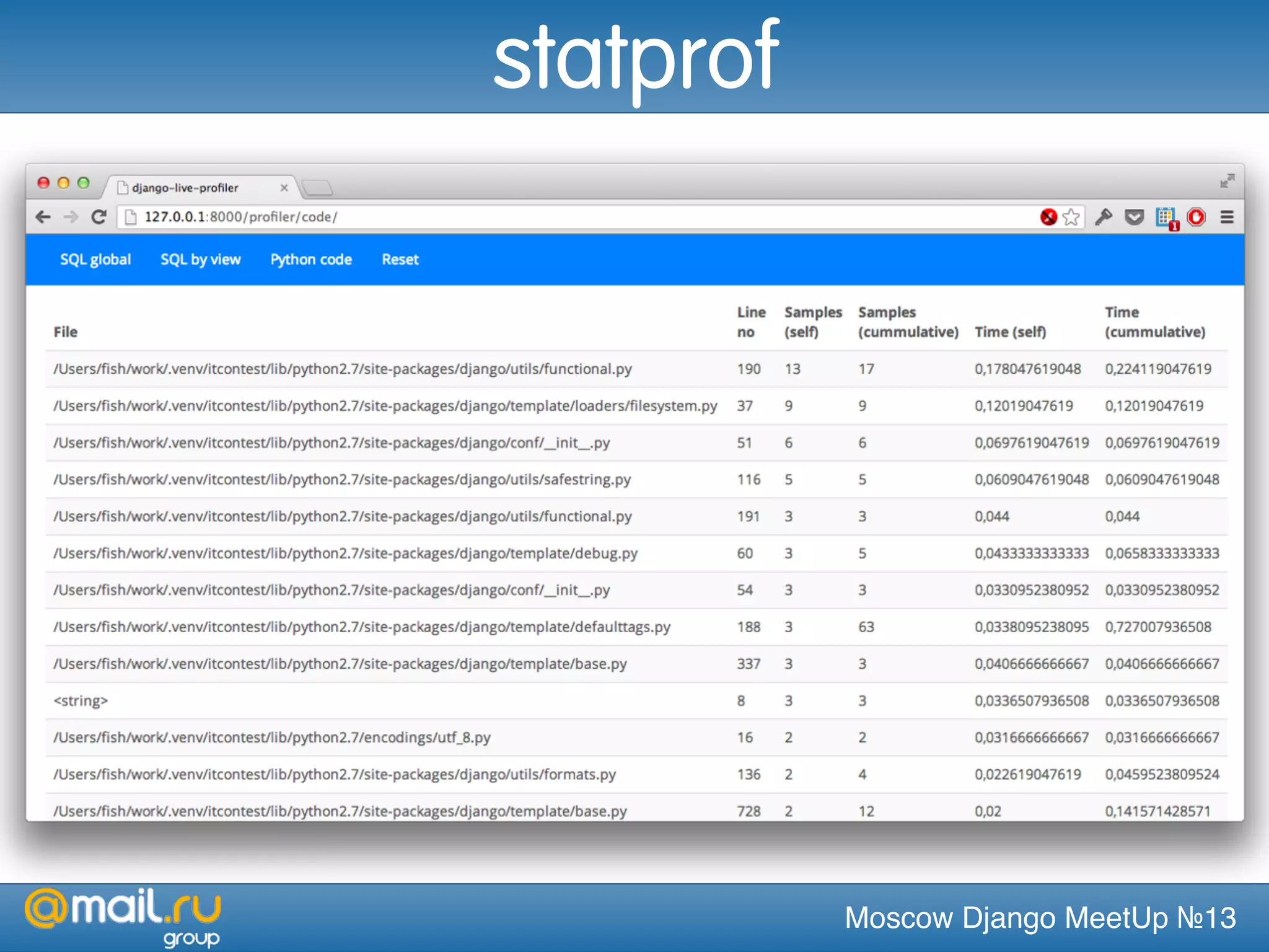 Moscow Django MeetUp №13
statprof
 