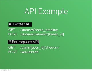 API Example
GET /statuses/home_timeline
POST /statuses/retweet/[tweet_id]
GET /users/[user_id]/checkins
POST /venues/add
# Twitter API
# Foursquare API
Tuesday, July 1, 14
 