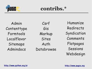 contribs.*

    Admin                     Csrf       Humanize
 Contenttype                   Gis       Redirects
  Formtools                  Markup     Syndication
 Localflavor                  Sites      Comments
  Sitemaps                    Auth       Flatpages
  Admindocs                Databrowse     Sessions
                                        Webdesign

http://www.python.org.br                http://www.pugce.org
 