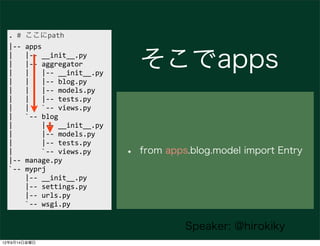 .	
  #	
  ここにpath
  |-­‐-­‐	
  apps
  |	
  	
  	
  |-­‐-­‐	
  __init__.py
  |	
  	
  	
  |-­‐-­‐	
  aggregator
  |	
  	
  	
  |	
  	
  	
  |-­‐-­‐	
  __init__.py
                                                            そこでapps
  |	
  	
  	
  |	
  	
  	
  |-­‐-­‐	
  blog.py
  |	
  	
  	
  |	
  	
  	
  |-­‐-­‐	
  models.py
  |	
  	
  	
  |	
  	
  	
  |-­‐-­‐	
  tests.py
  |	
  	
  	
  |	
  	
  	
  `-­‐-­‐	
  views.py
  |	
  	
  	
  `-­‐-­‐	
  blog
  |	
  	
  	
  	
  	
  	
  	
  |-­‐-­‐	
  __init__.py
  |	
  	
  	
  	
  	
  	
  	
  |-­‐-­‐	
  models.py
  |	
  	
  	
  	
  	
  	
  	
  |-­‐-­‐	
  tests.py
  |	
  	
  	
  	
  	
  	
  	
  `-­‐-­‐	
  views.py
  |-­‐-­‐	
  manage.py
                                                        •   from apps.blog.model import Entry
  `-­‐-­‐	
  myprj
  	
  	
  	
  	
  |-­‐-­‐	
  __init__.py
  	
  	
  	
  	
  |-­‐-­‐	
  settings.py
  	
  	
  	
  	
  |-­‐-­‐	
  urls.py
  	
  	
  	
  	
  `-­‐-­‐	
  wsgi.py


                                                                     Speaker: @hirokiky
12年9月14日金曜日
 