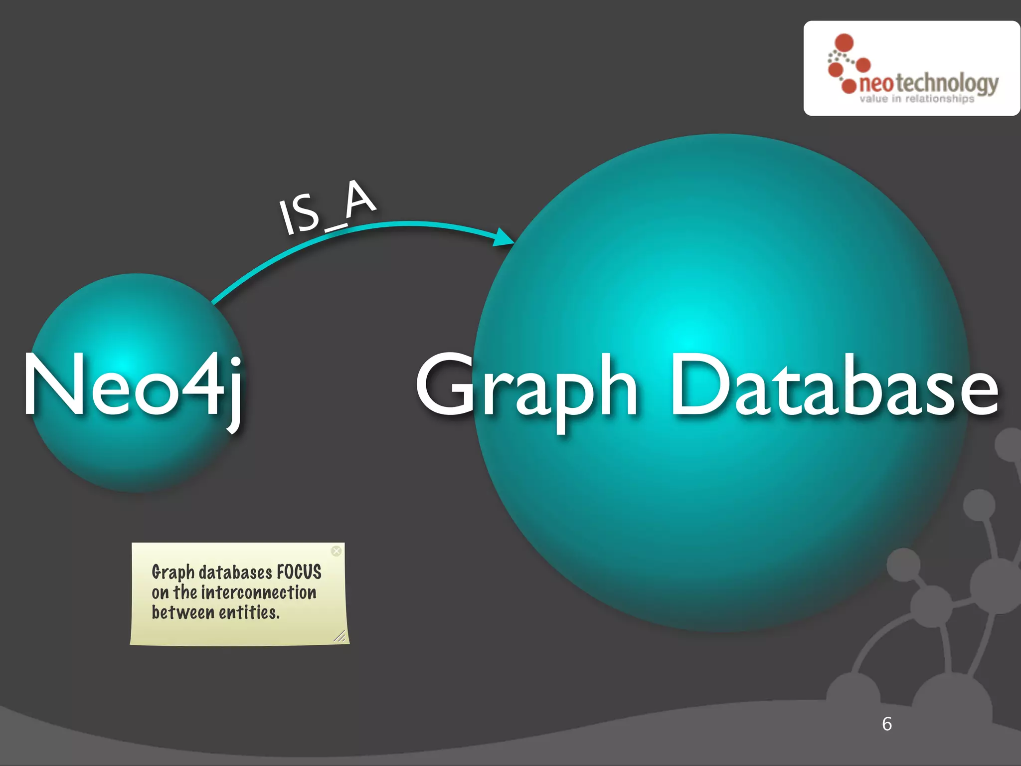 IS_A


Neo4j                      Graph Database
  Graph databases FOCUS
  on the interconnection
  bet ween entities.




                                      6
 