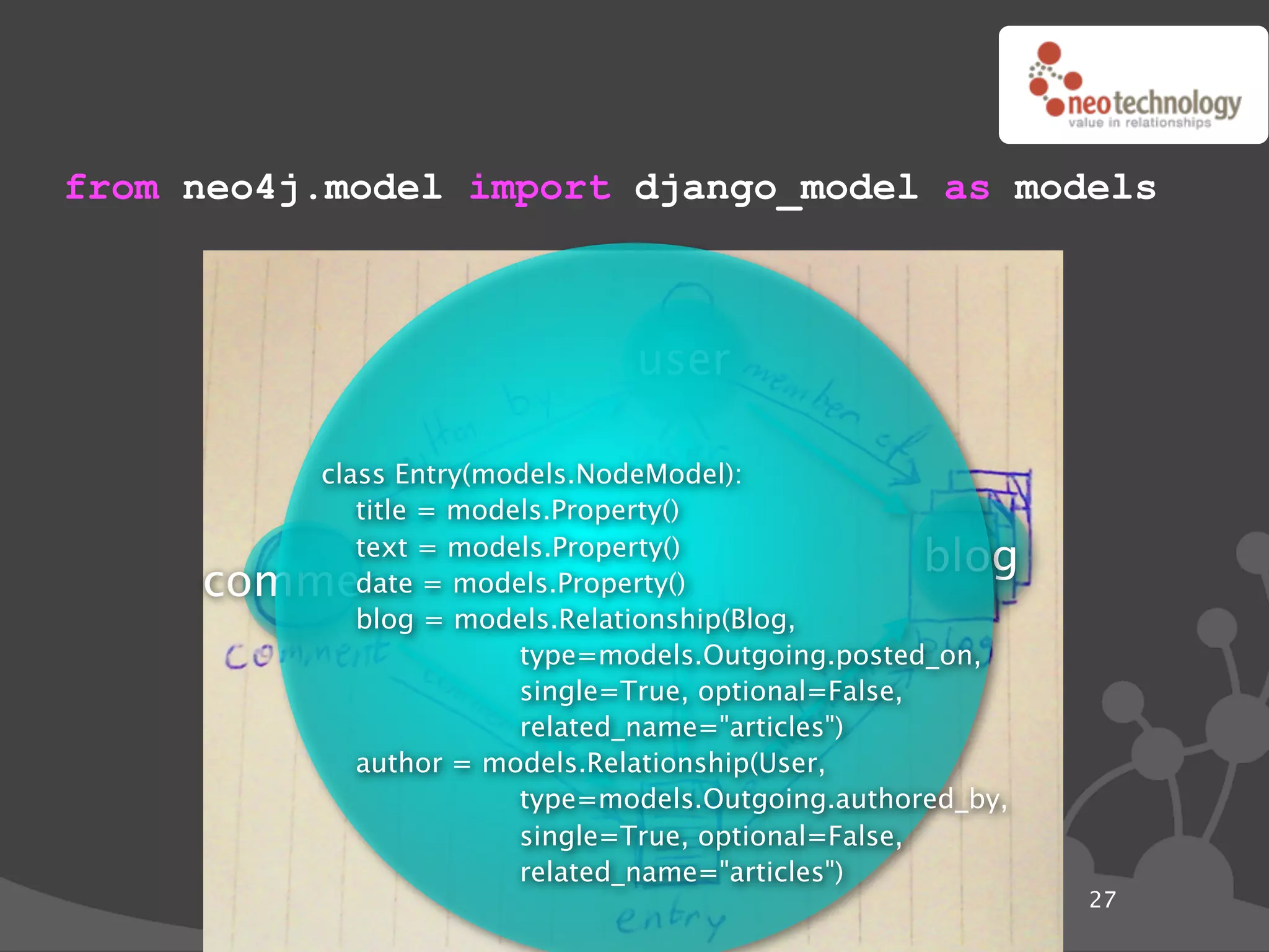 from neo4j.model import django_model as models



                                user

          class Entry(models.NodeModel):
             title = models.Property()
             text = models.Property()
                                                    blog
     comment date = models.Property()
             blog = models.Relationship(Blog,
                         type=models.Outgoing.posted_on,
                         single=True, optional=False,
                         related_name="articles")
             author = models.Relationship(User,
                         type=models.Outgoing.authored_by,
                         single=True, optional=False,
                         related_name="articles")
                                                             27
 