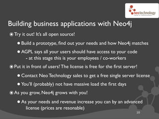 Building business applications with Neo4j
๏ Try it out! It’s all open source!
    • Build a prototype, ﬁnd out your needs ...