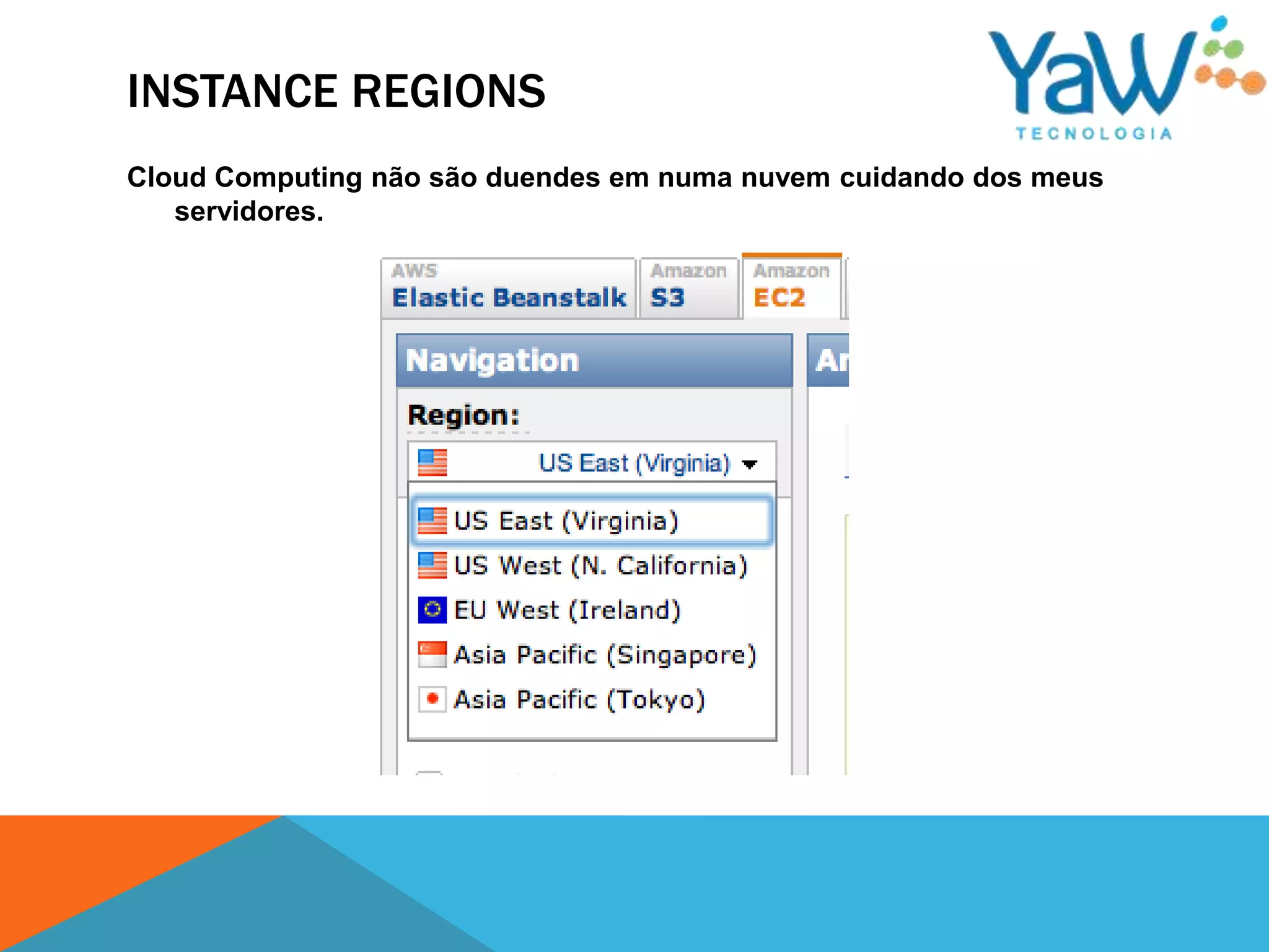 INSTANCE REGIONS
Cloud Computing não são duendes em numa nuvem cuidando dos meus
   servidores.
 
