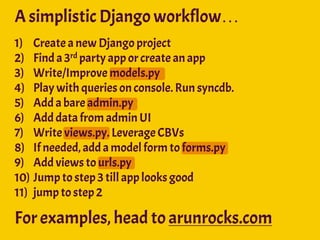 1) Create a new Django project
2) Find a3rd party app or create anapp
3) Write/Improve models.py
4) Play with queries onco...