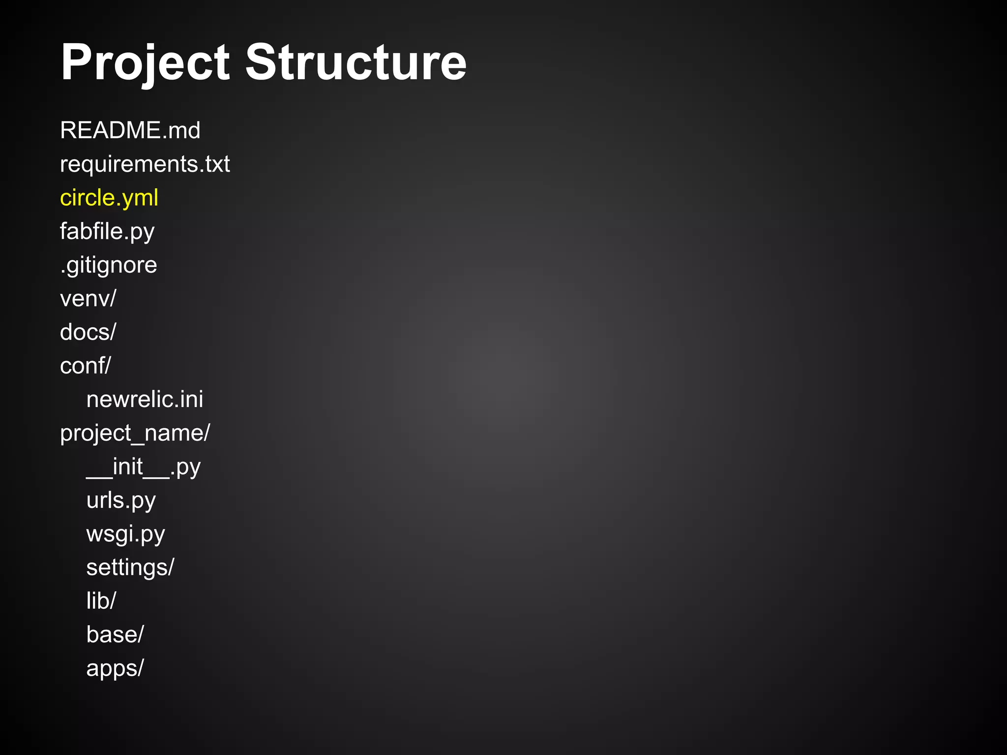 Project Structure
README.md
requirements.txt
circle.yml
fabfile.py
.gitignore
venv/
docs/
conf/
newrelic.ini
project_name/
__init__.py
urls.py
wsgi.py
settings/
lib/
base/
apps/
 