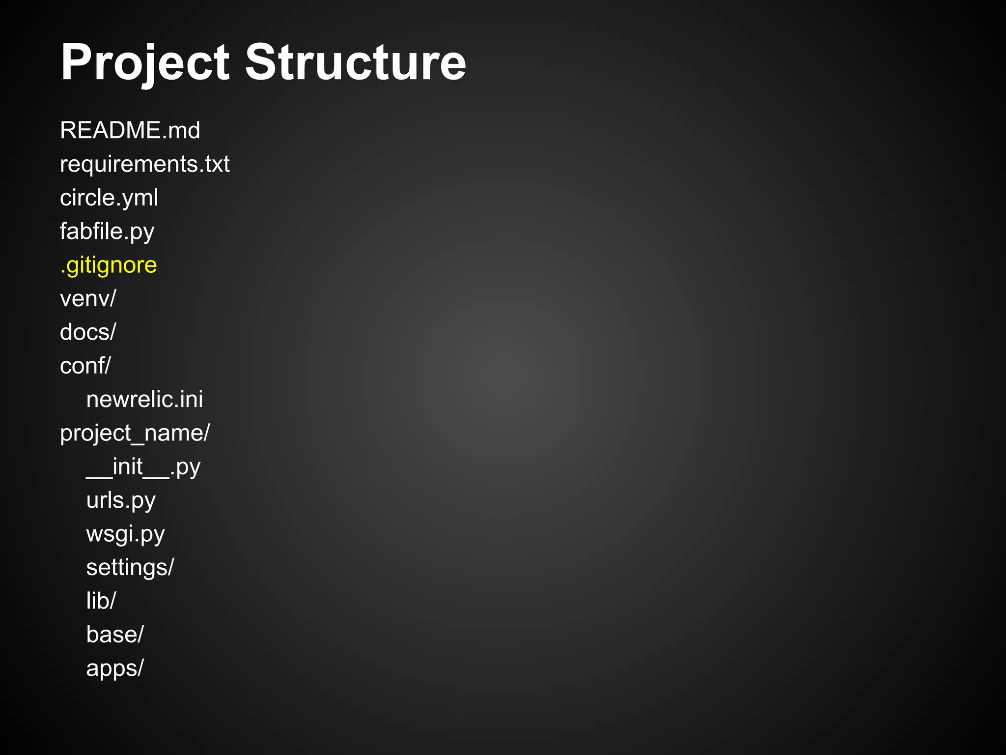 Project Structure
README.md
requirements.txt
circle.yml
fabfile.py
.gitignore
venv/
docs/
conf/
newrelic.ini
project_name/
__init__.py
urls.py
wsgi.py
settings/
lib/
base/
apps/
 