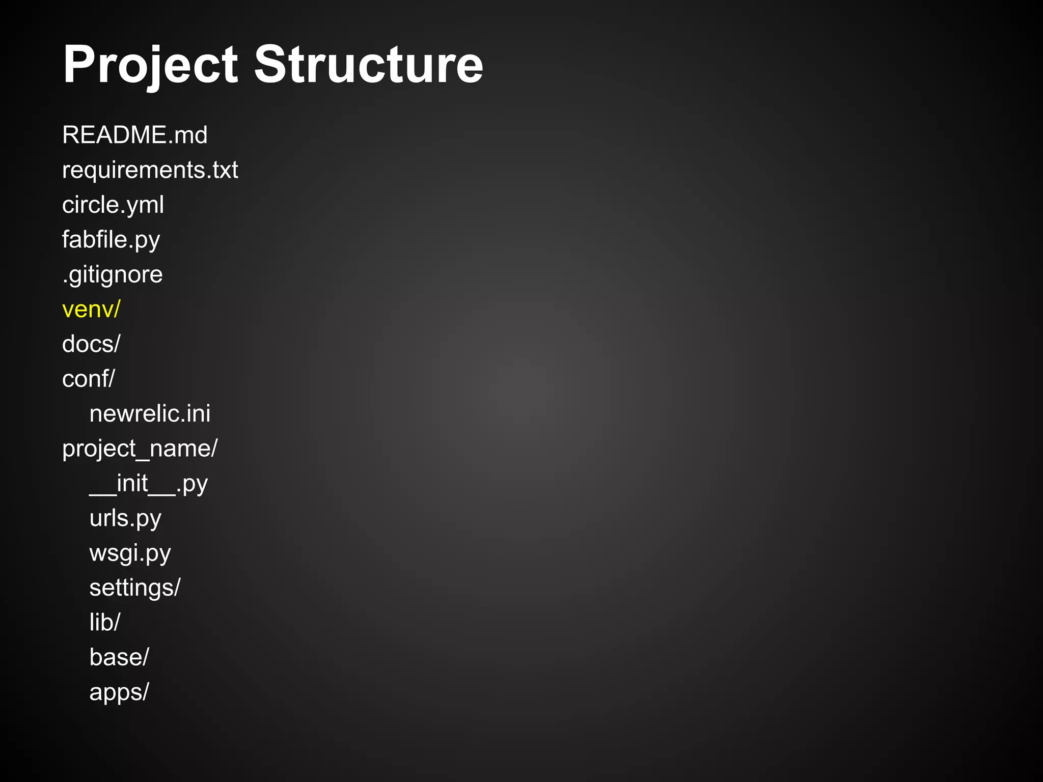 Project Structure
README.md
requirements.txt
circle.yml
fabfile.py
.gitignore
venv/
docs/
conf/
newrelic.ini
project_name/
__init__.py
urls.py
wsgi.py
settings/
lib/
base/
apps/
 