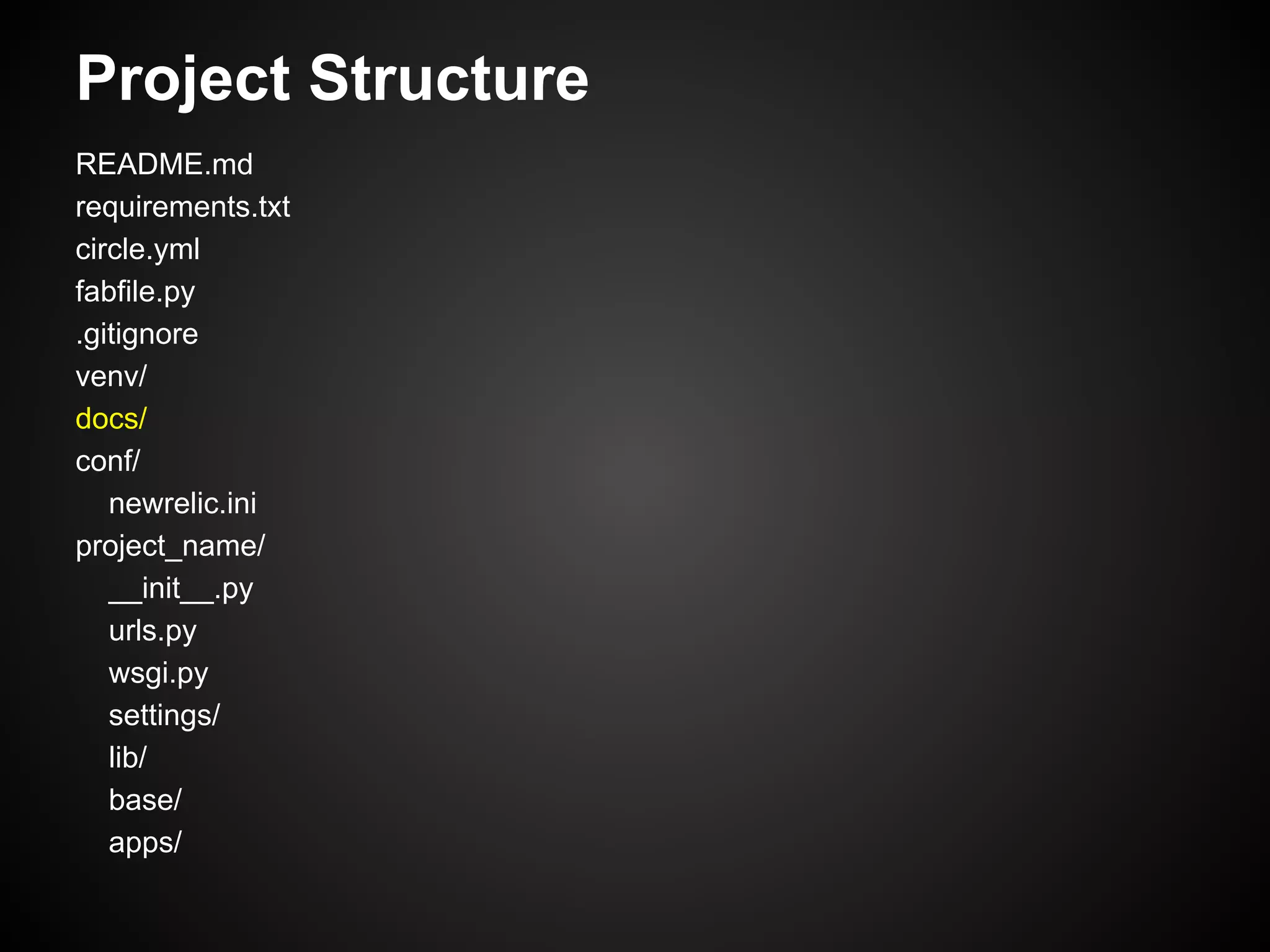 Project Structure
README.md
requirements.txt
circle.yml
fabfile.py
.gitignore
venv/
docs/
conf/
newrelic.ini
project_name/
__init__.py
urls.py
wsgi.py
settings/
lib/
base/
apps/
 