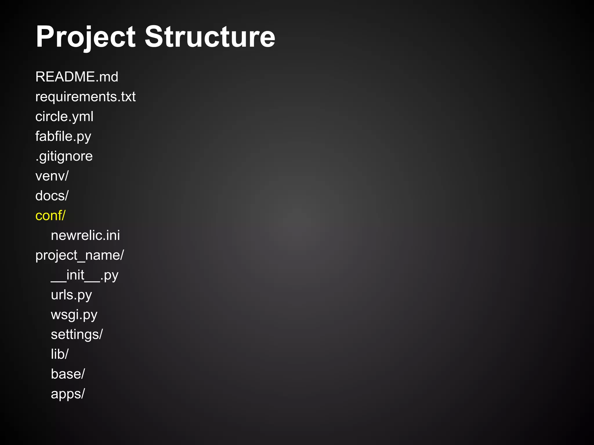 Project Structure
README.md
requirements.txt
circle.yml
fabfile.py
.gitignore
venv/
docs/
conf/
newrelic.ini
project_name/
__init__.py
urls.py
wsgi.py
settings/
lib/
base/
apps/
 