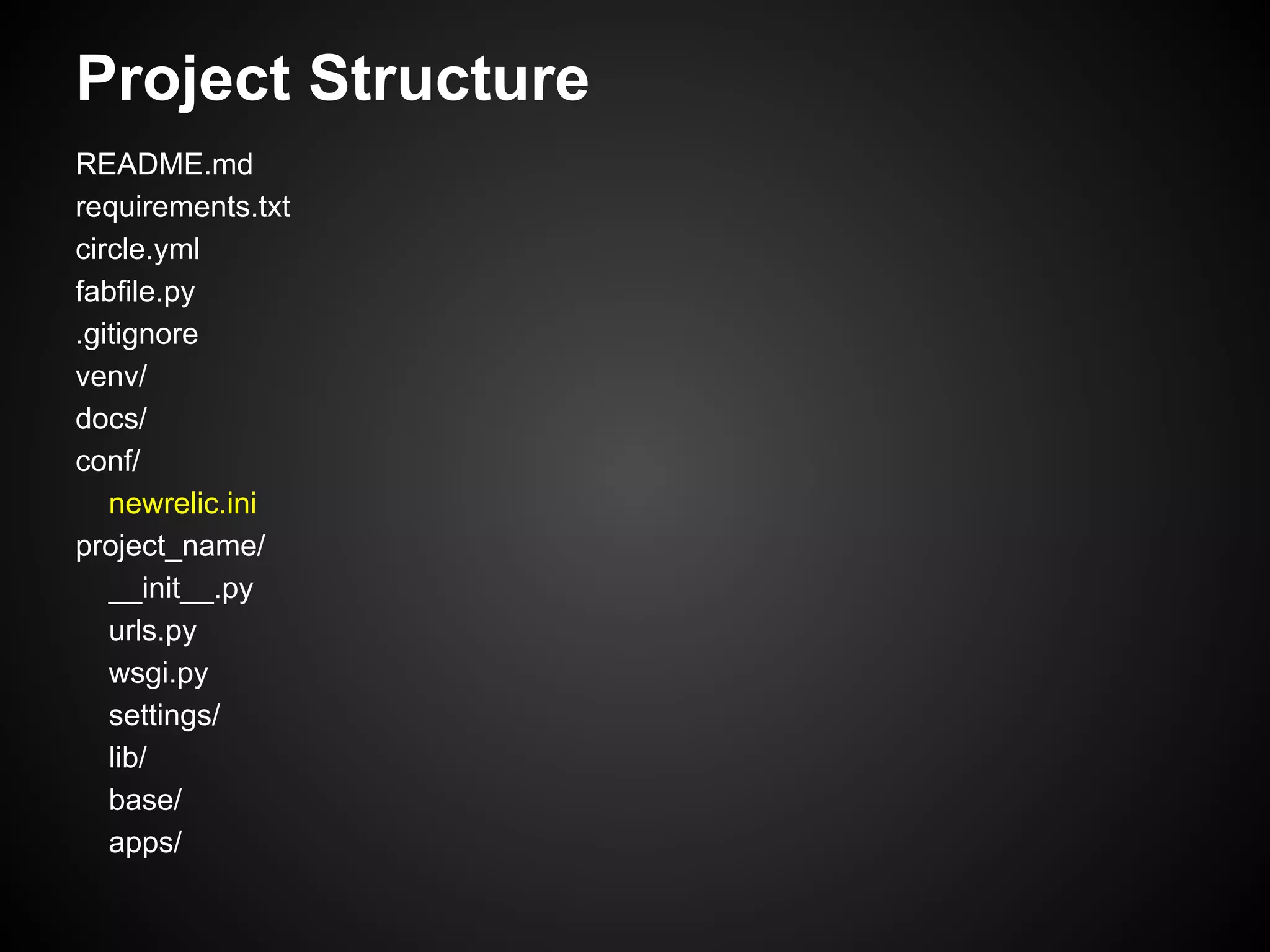 Project Structure
README.md
requirements.txt
circle.yml
fabfile.py
.gitignore
venv/
docs/
conf/
newrelic.ini
project_name/
__init__.py
urls.py
wsgi.py
settings/
lib/
base/
apps/
 