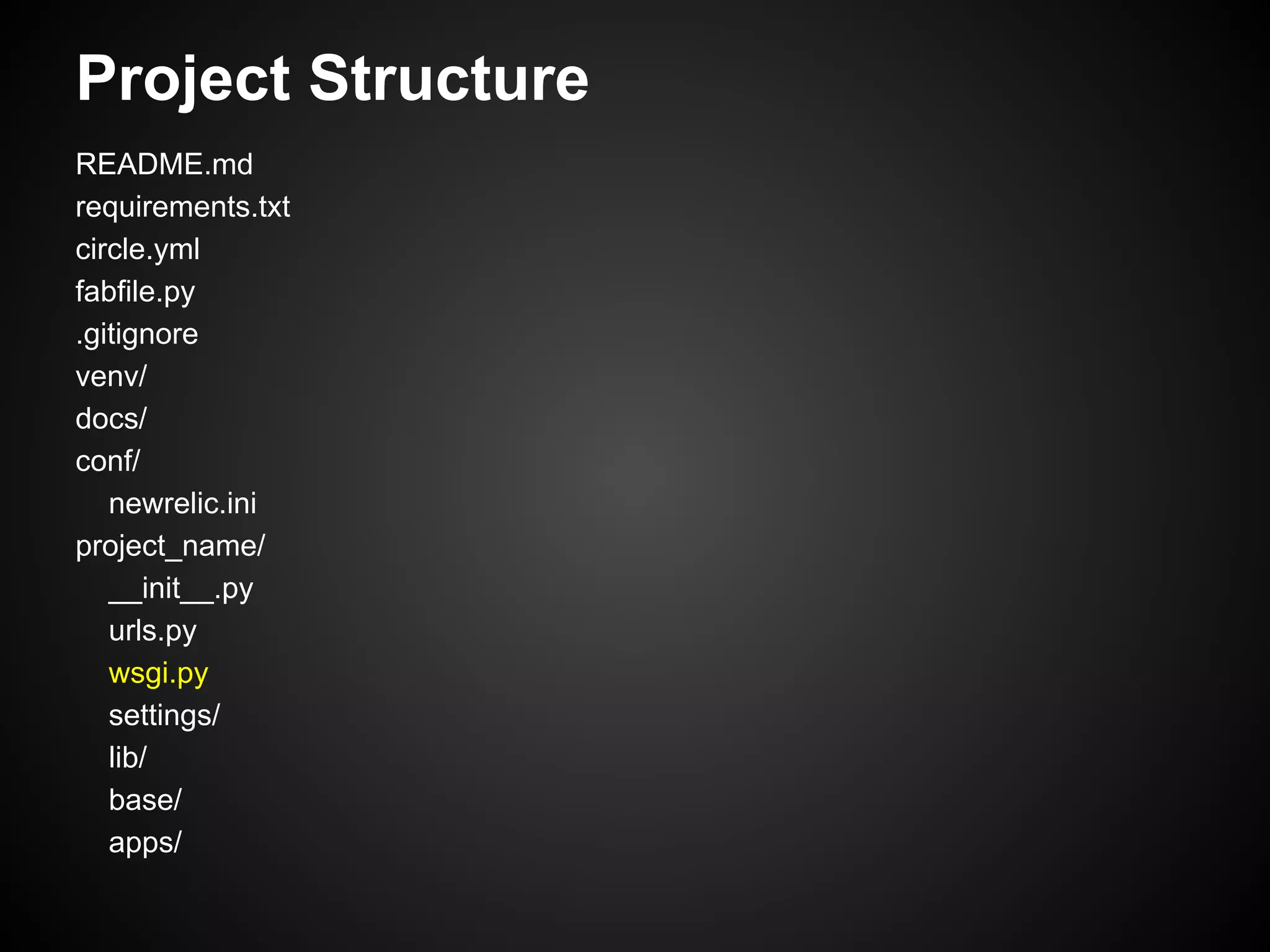 Project Structure
README.md
requirements.txt
circle.yml
fabfile.py
.gitignore
venv/
docs/
conf/
newrelic.ini
project_name/
__init__.py
urls.py
wsgi.py
settings/
lib/
base/
apps/
 