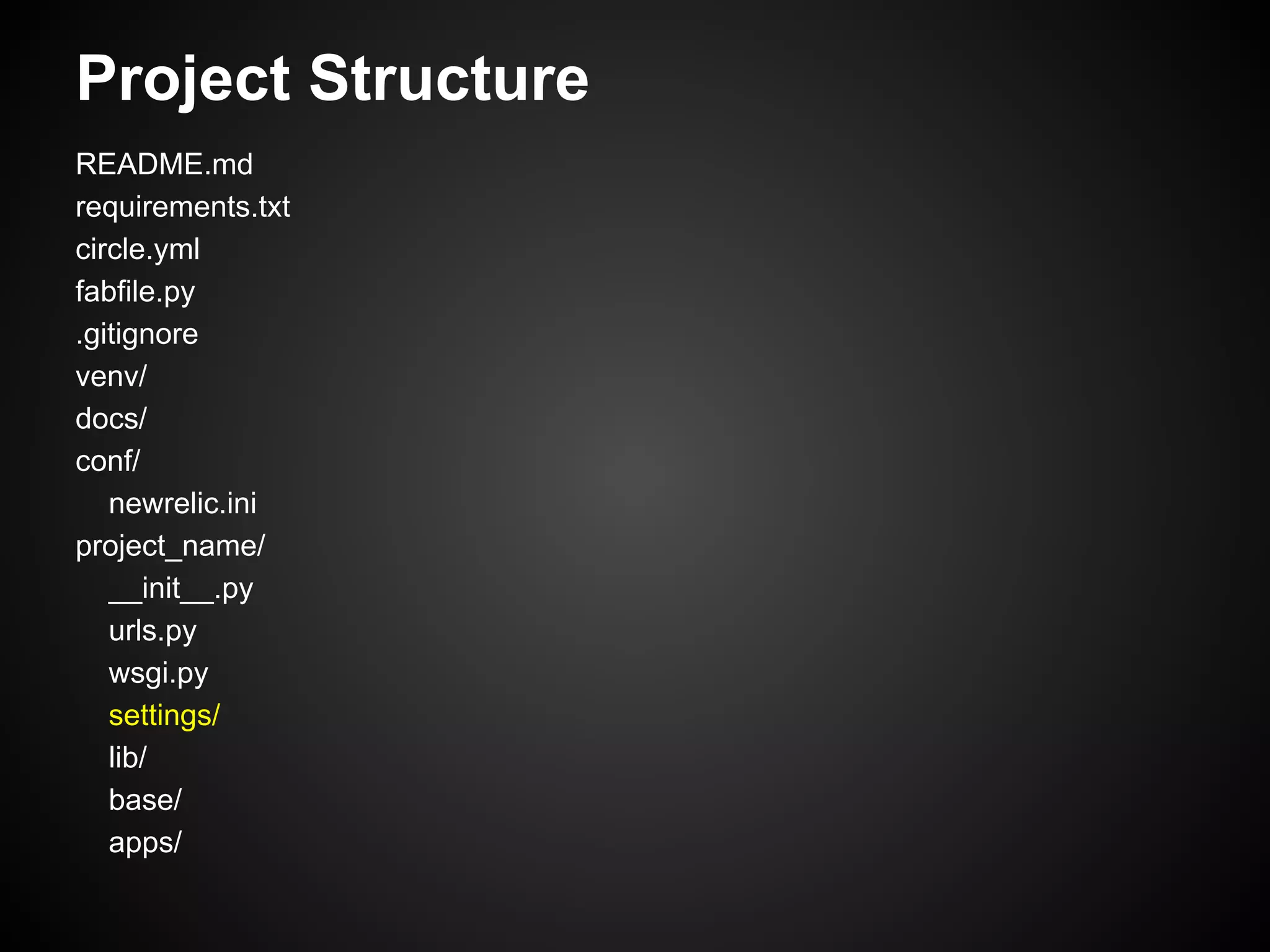 Project Structure
README.md
requirements.txt
circle.yml
fabfile.py
.gitignore
venv/
docs/
conf/
newrelic.ini
project_name/
__init__.py
urls.py
wsgi.py
settings/
lib/
base/
apps/
 